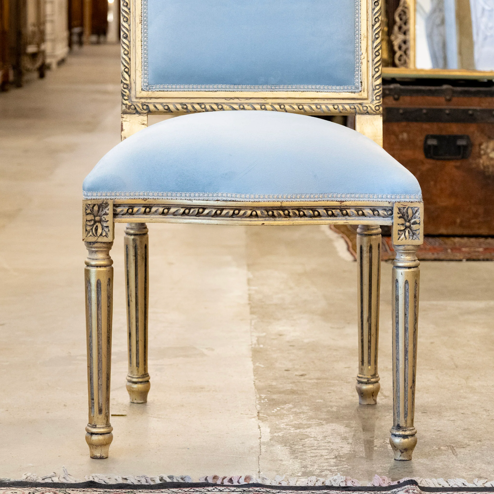 Louis XVI Square Gilded Dining Chair – Blue Velvet Upholstery & Floral Carvings - Image 3
