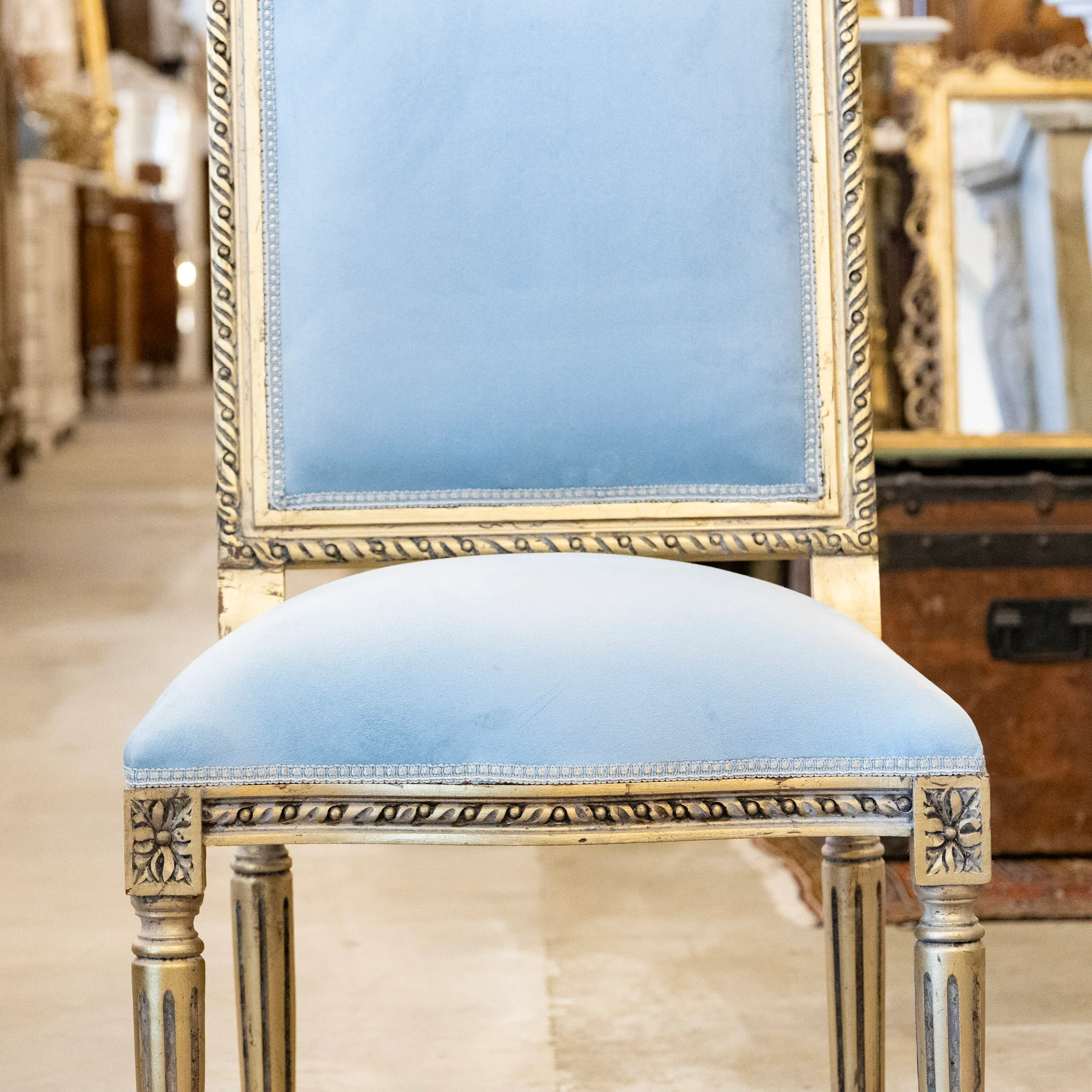 Louis XVI Square Gilded Dining Chair – Blue Velvet Upholstery & Floral Carvings - Image 4