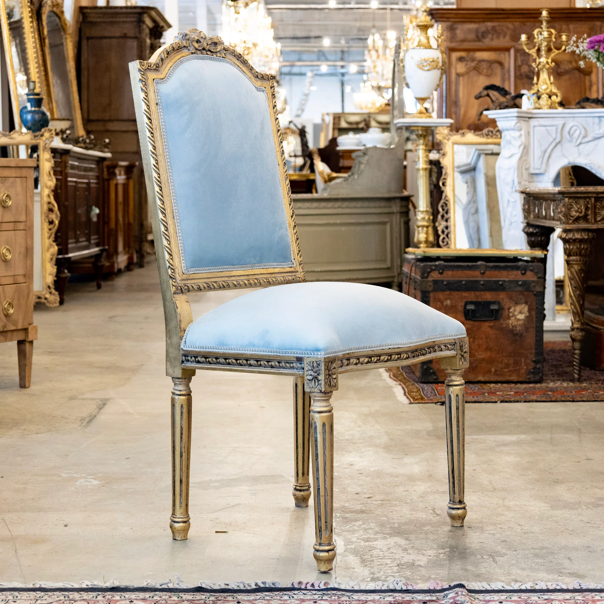 Louis XVI Square Gilded Dining Chair – Blue Velvet Upholstery & Floral Carvings - Image 5