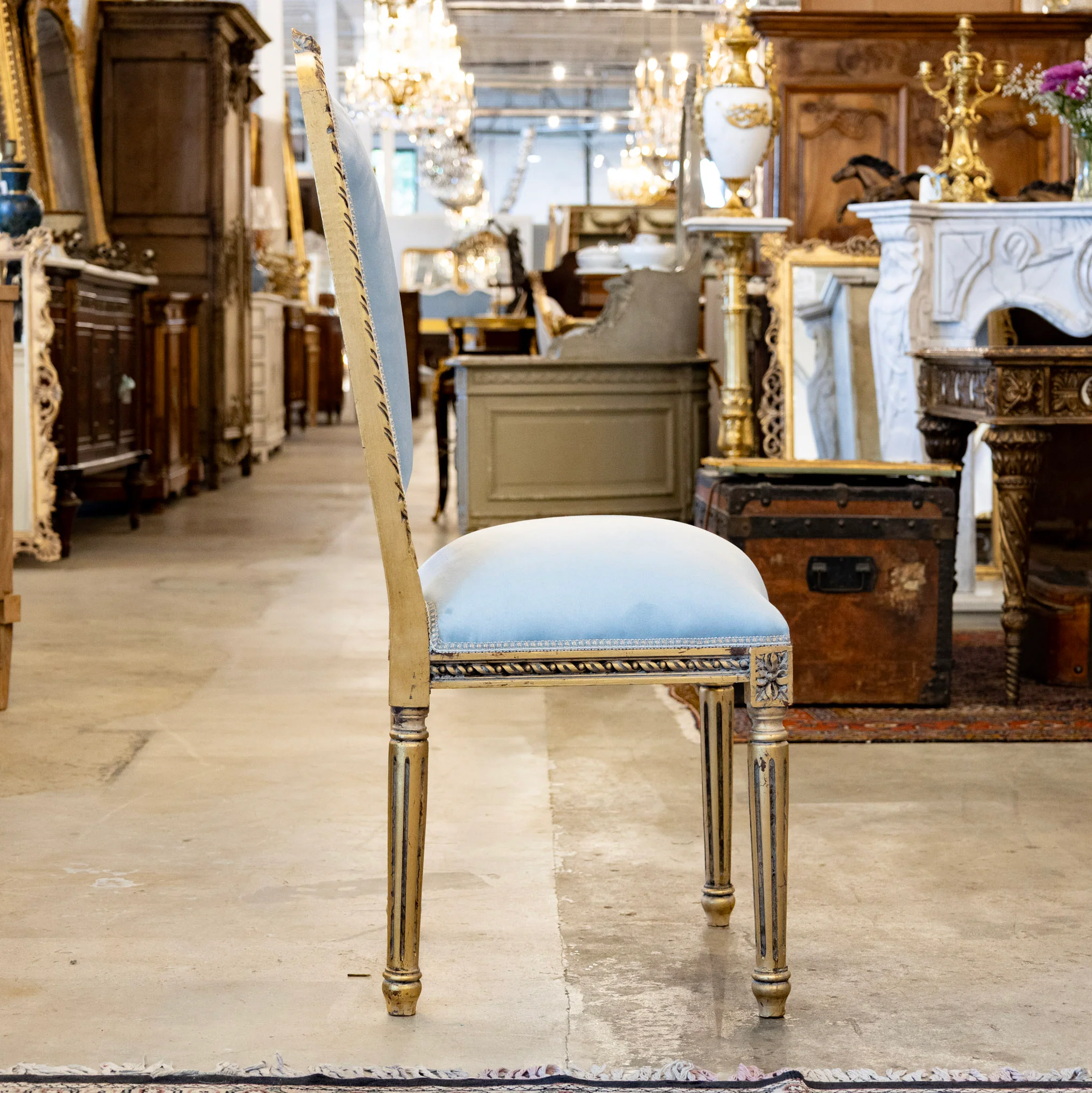 Louis XVI Square Gilded Dining Chair – Blue Velvet Upholstery & Floral Carvings - Image 6