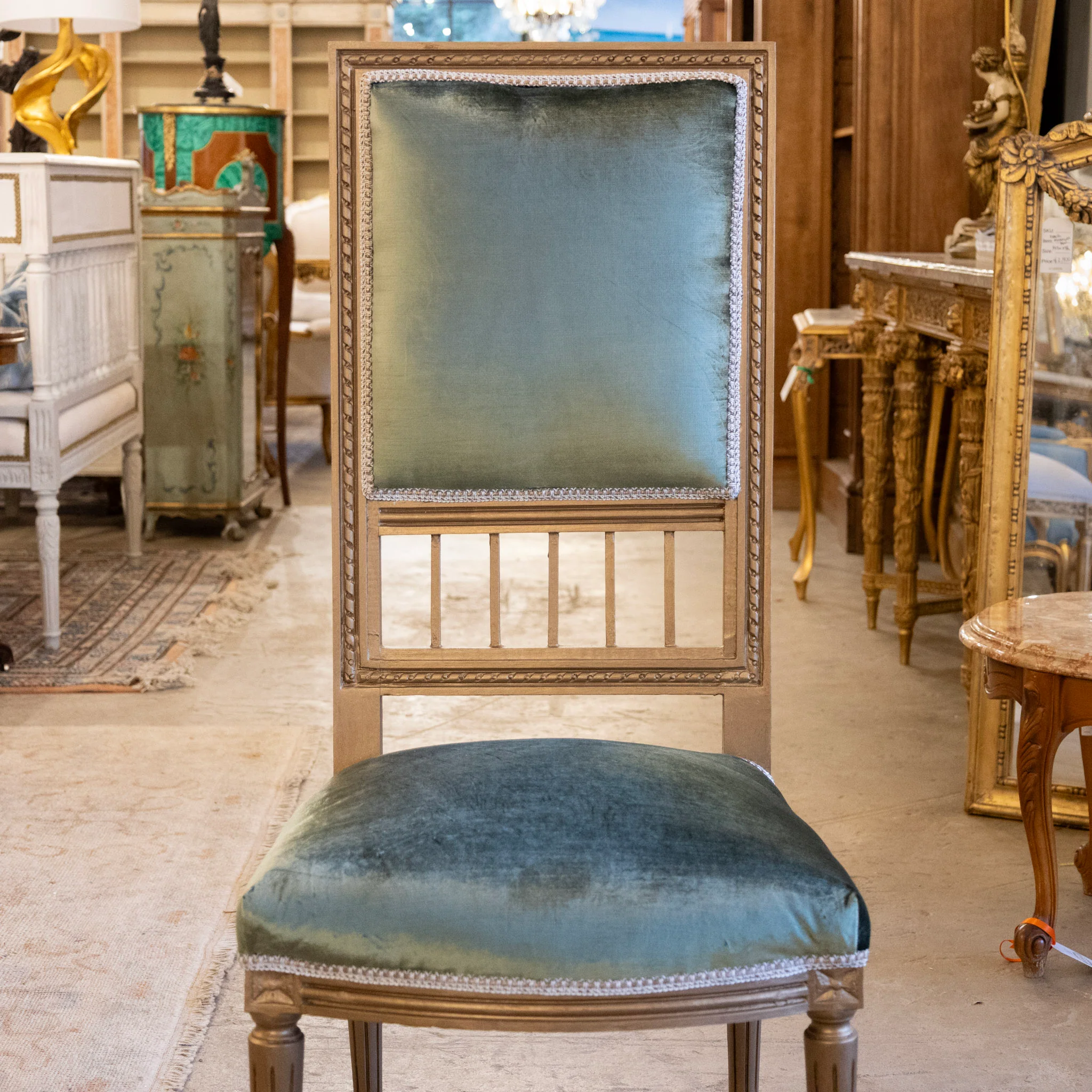 Louis XVI Square Open Back Dining Chair – Green Velvet Upholstery - Image 3