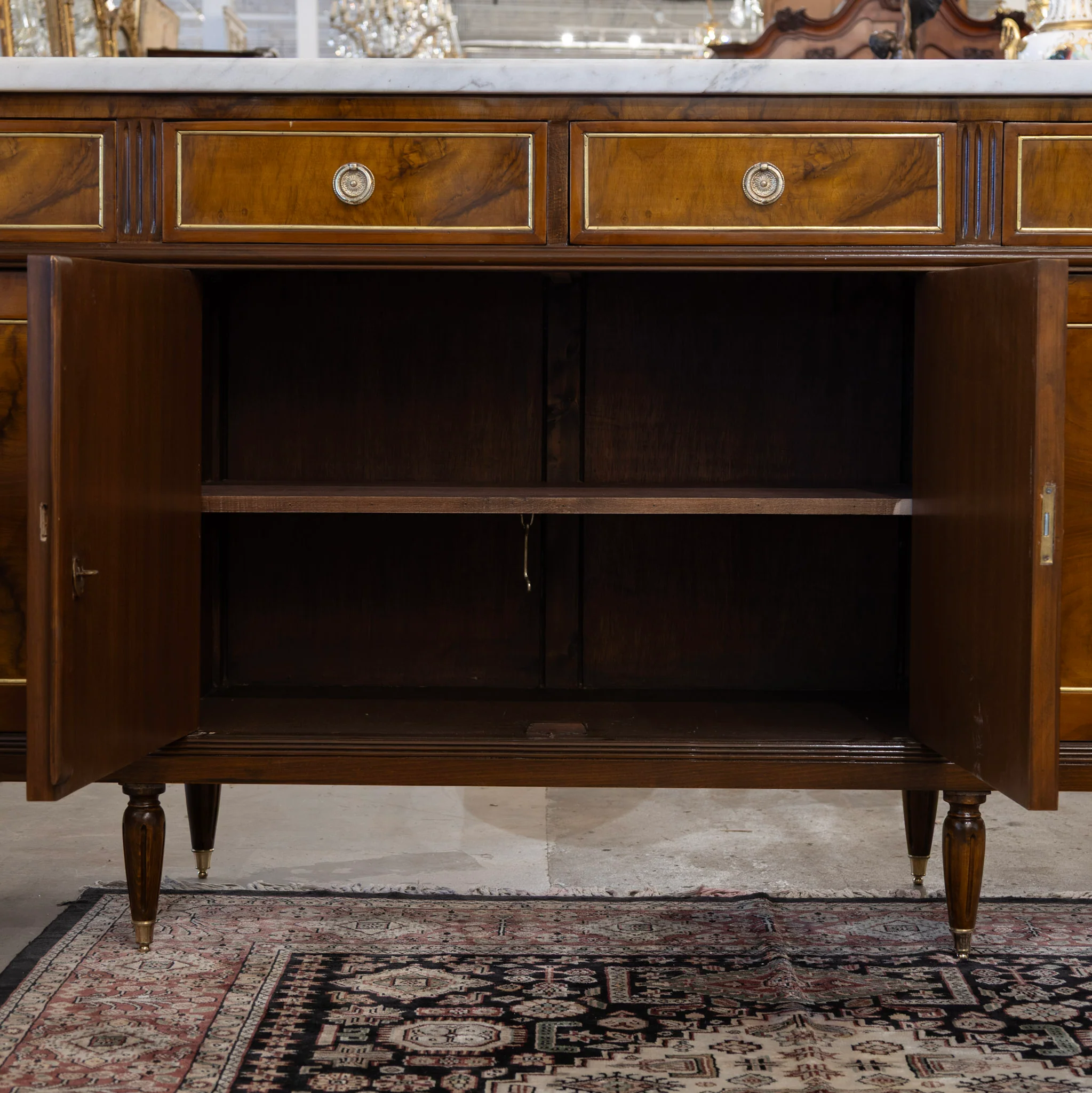 Louis XVI Square Sideboard – Burl Wood & White Marble Top and Gold Trim - Image 3