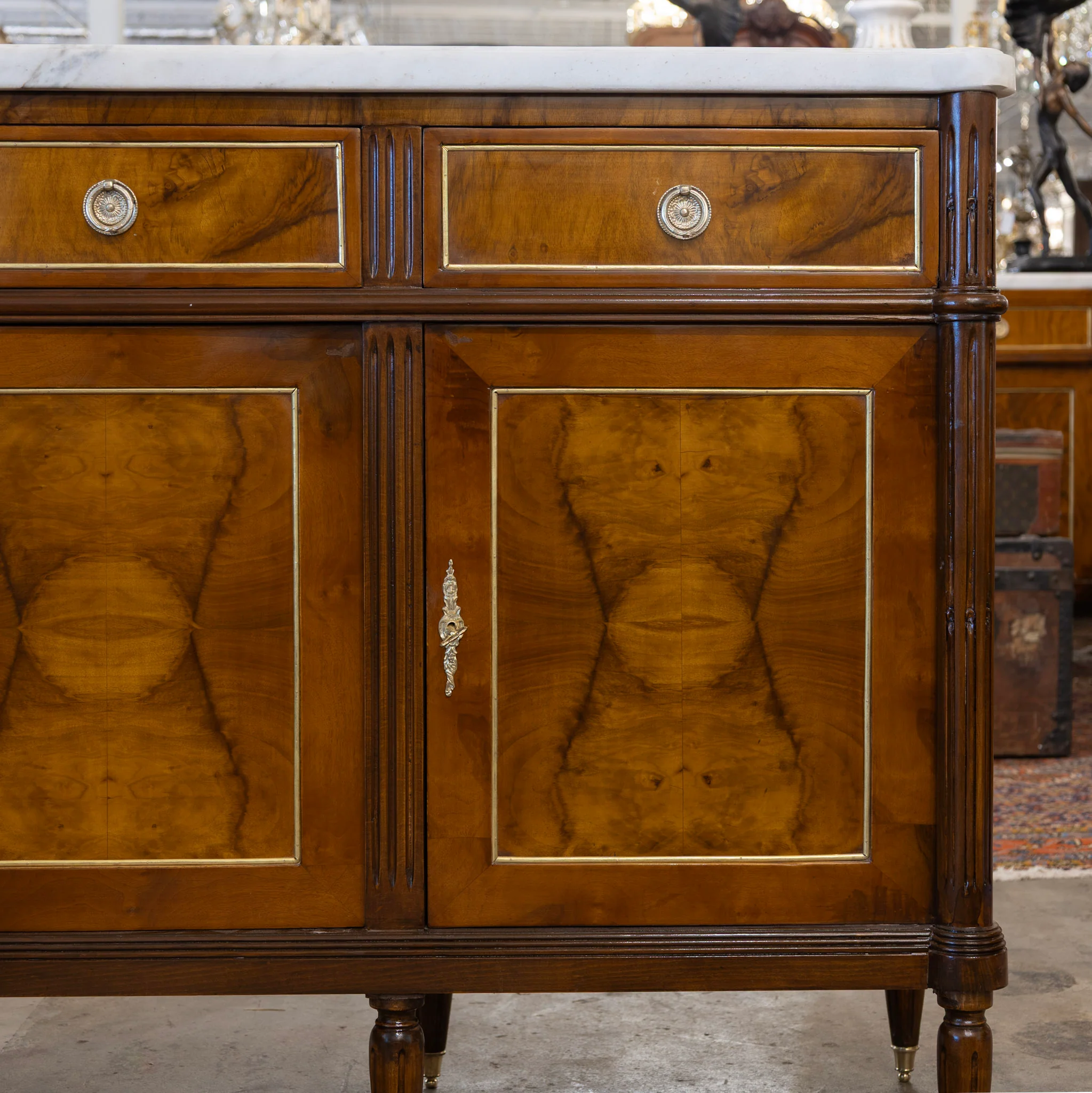 Louis XVI Square Sideboard – Burl Wood & White Marble Top and Gold Trim - Image 4