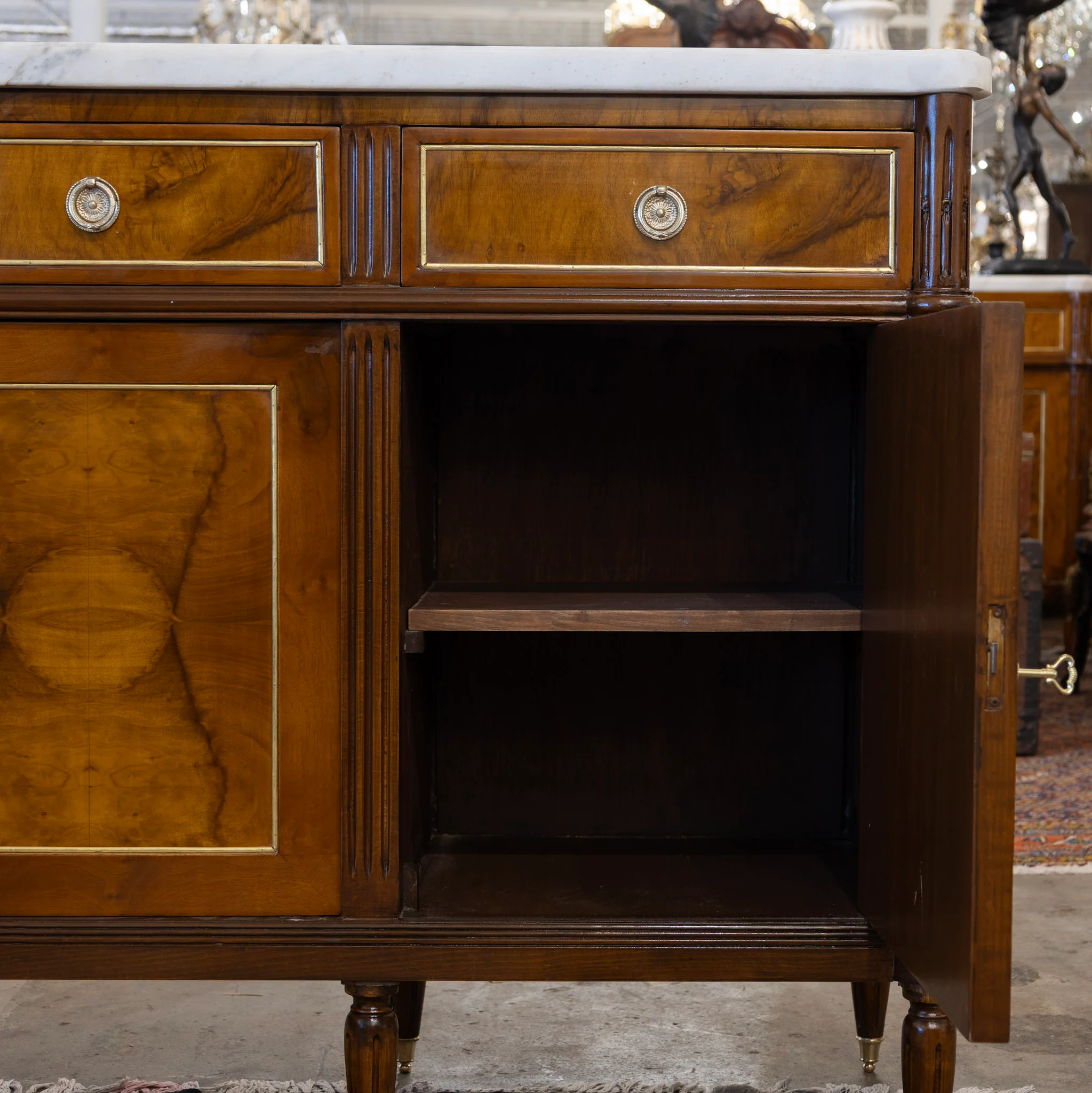 Louis XVI Square Sideboard – Burl Wood & White Marble Top and Gold Trim - Image 5