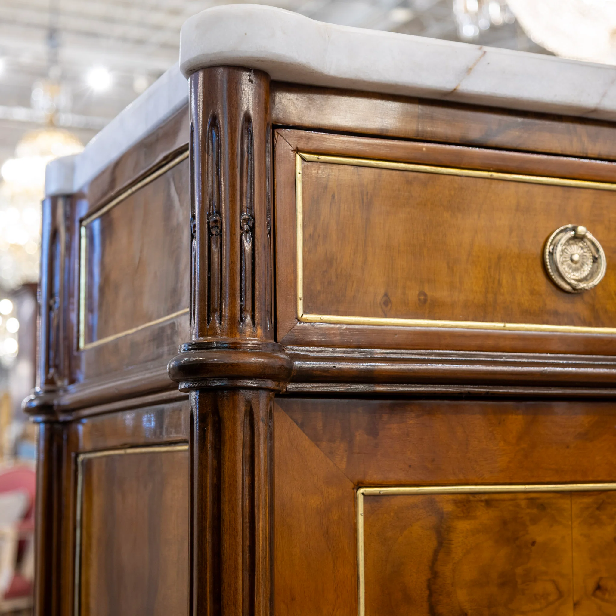 Louis XVI Square Sideboard – Burl Wood & White Marble Top and Gold Trim - Image 6