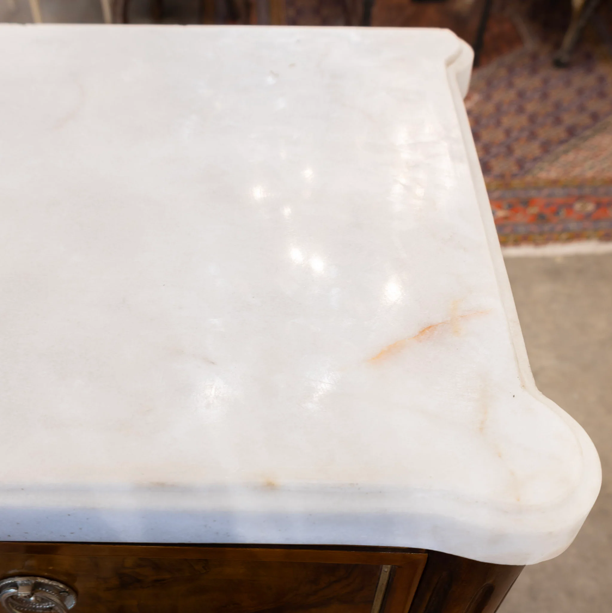 Louis XVI Square Sideboard – Burl Wood & White Marble Top and Gold Trim - Image 7