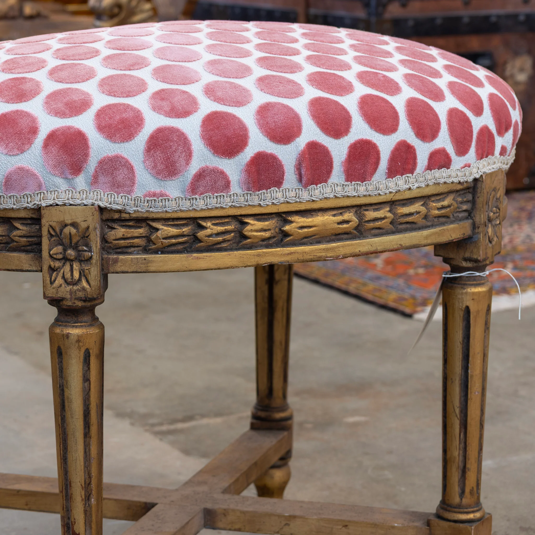 Louis XVI Stool – Gold Trim & Pink Polka Dot Upholstery - Image 3