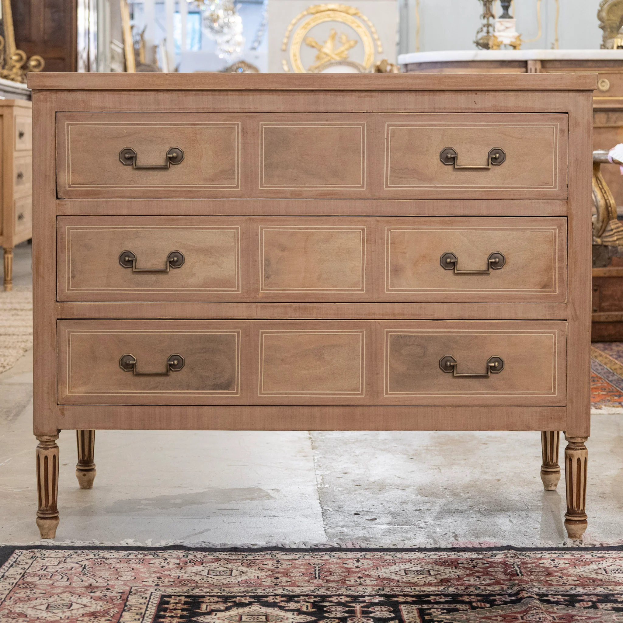 Louis XVI Stripped Burl Wood 3-Drawer Chest - Square Brass Handle