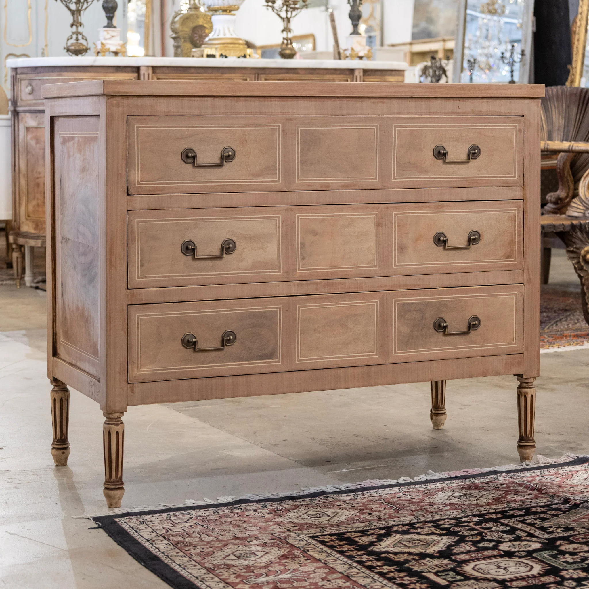 Louis XVI Stripped Burl Wood 3-Drawer Chest - Square Brass Handle - Image 2