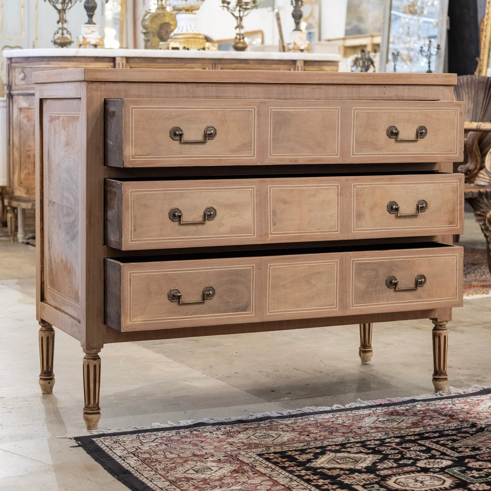 Louis XVI Stripped Burl Wood 3-Drawer Chest - Square Brass Handle - Image 3