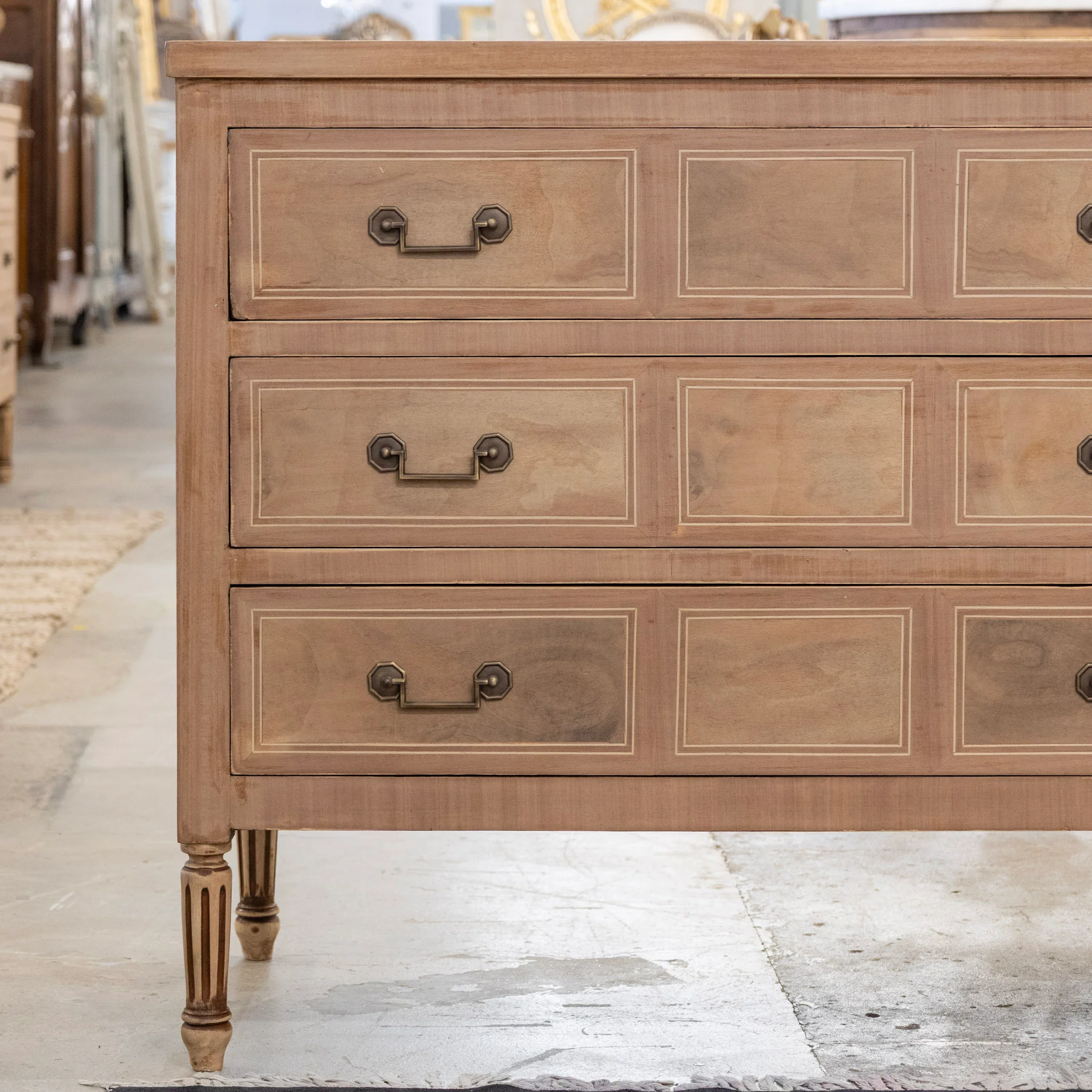 Louis XVI Stripped Burl Wood 3-Drawer Chest - Square Brass Handle - Image 4