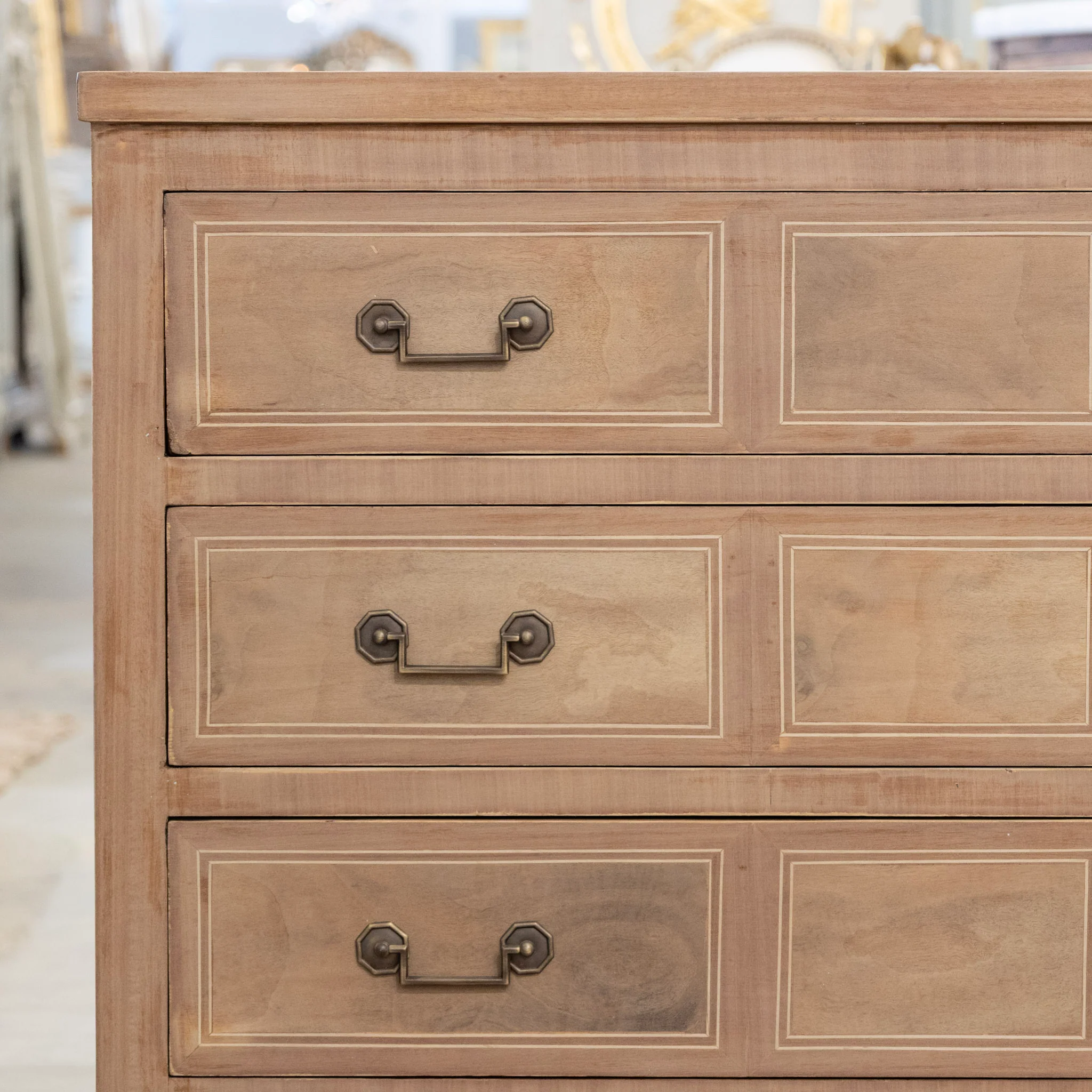 Louis XVI Stripped Burl Wood 3-Drawer Chest - Square Brass Handle - Image 5