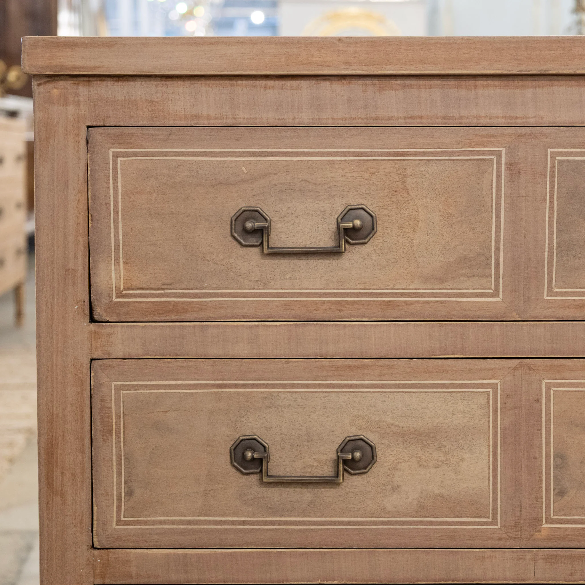 Louis XVI Stripped Burl Wood 3-Drawer Chest - Square Brass Handle - Image 6