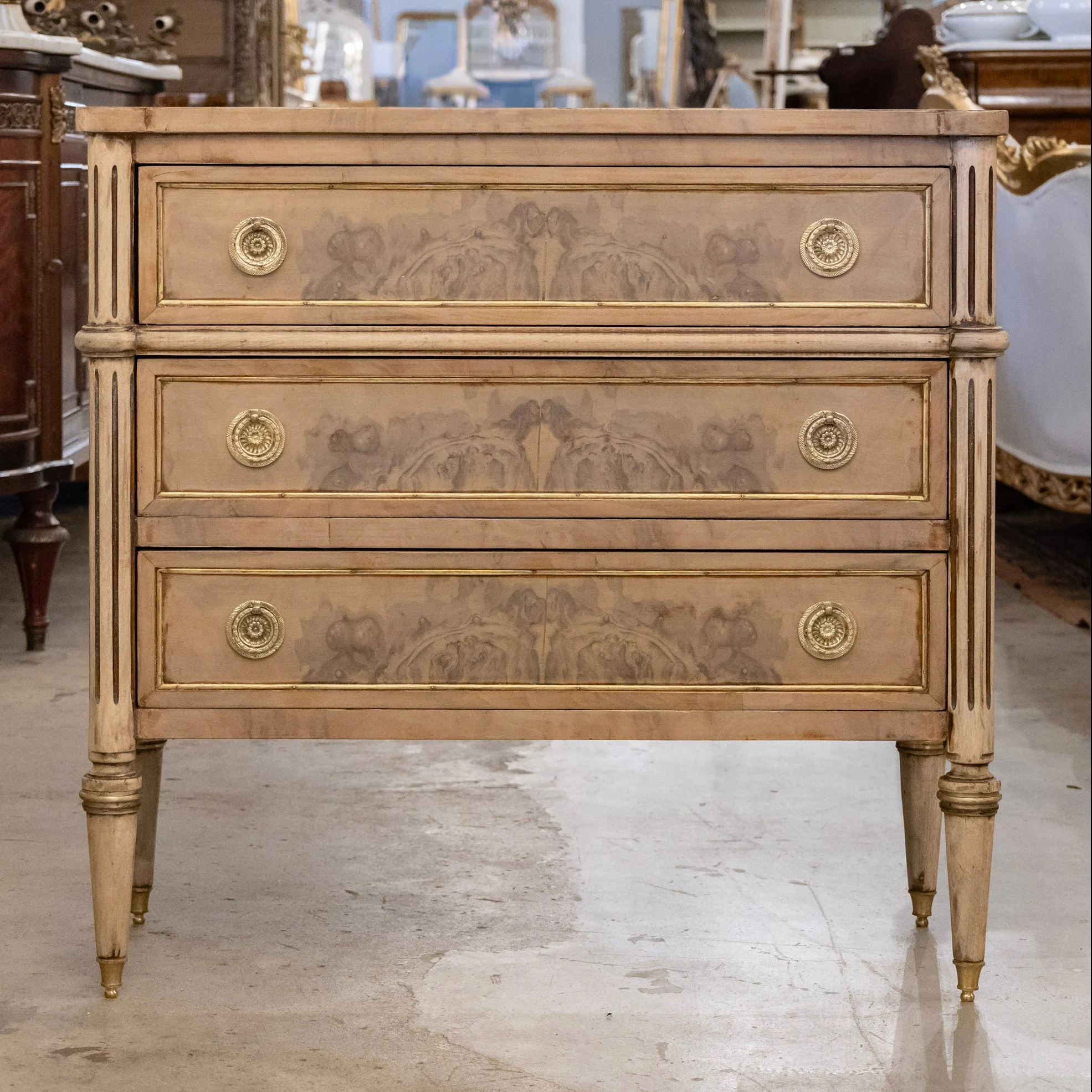 Louis XVI Stripped Burl Wood Nightstand - Gold Trim & Round Pulls