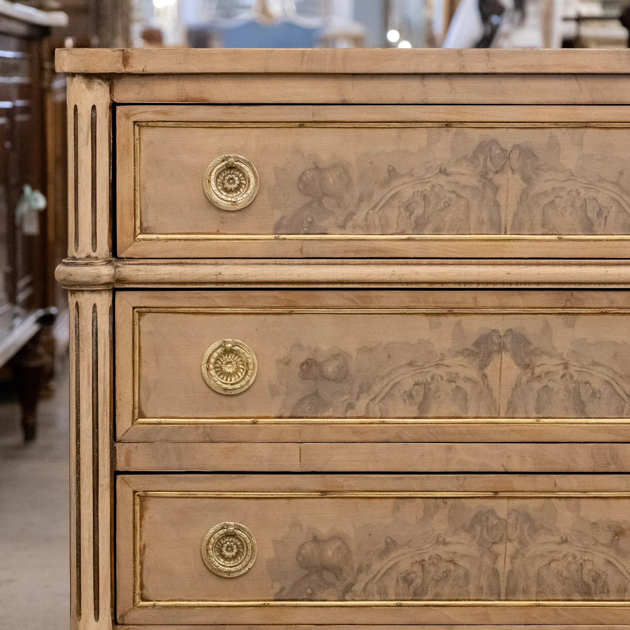 Louis XVI Stripped Burl Wood Nightstand - Gold Trim & Round Pulls - Image 2