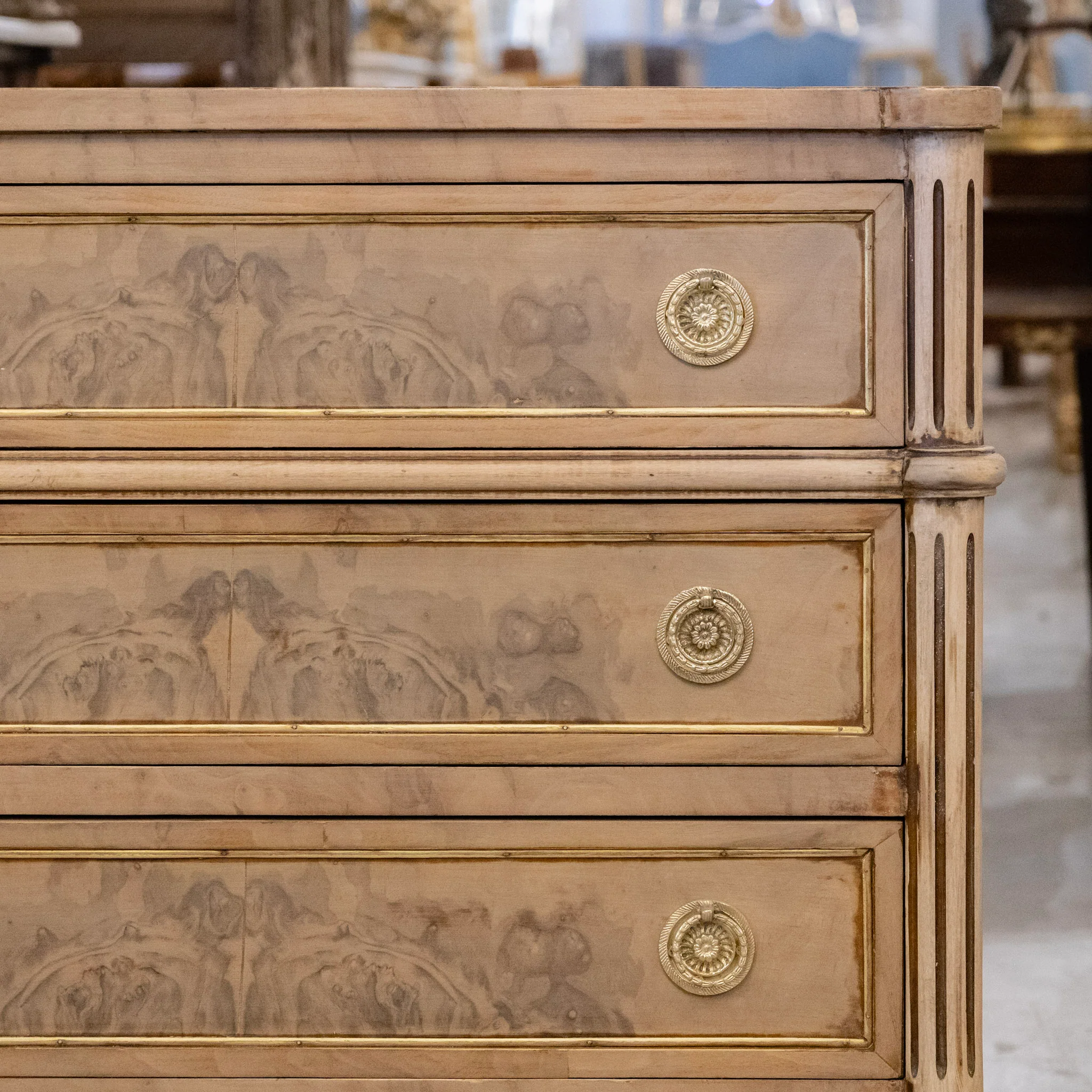 Louis XVI Stripped Burl Wood Nightstand - Gold Trim & Round Pulls - Image 3