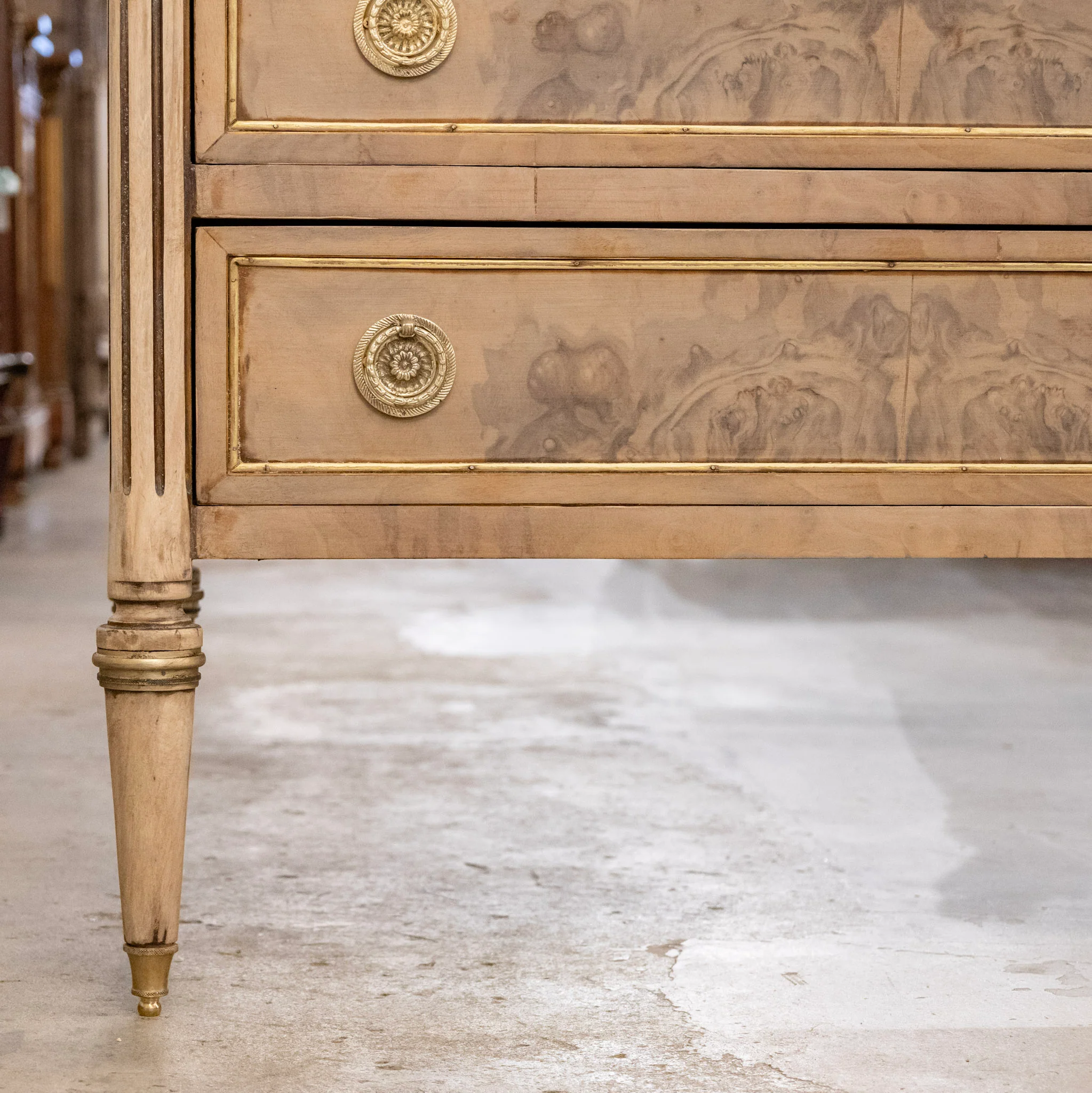 Louis XVI Stripped Burl Wood Nightstand - Gold Trim & Round Pulls - Image 4