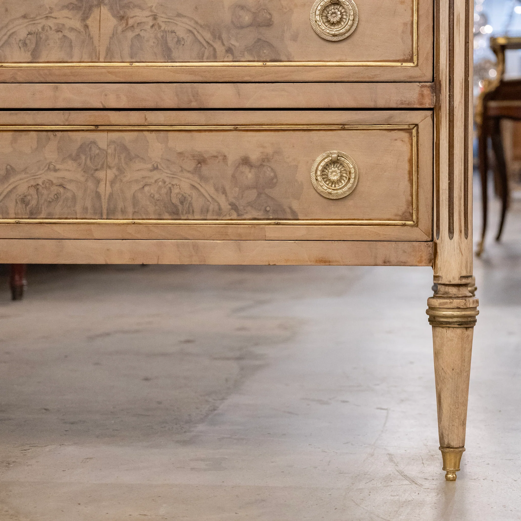 Louis XVI Stripped Burl Wood Nightstand - Gold Trim & Round Pulls - Image 5
