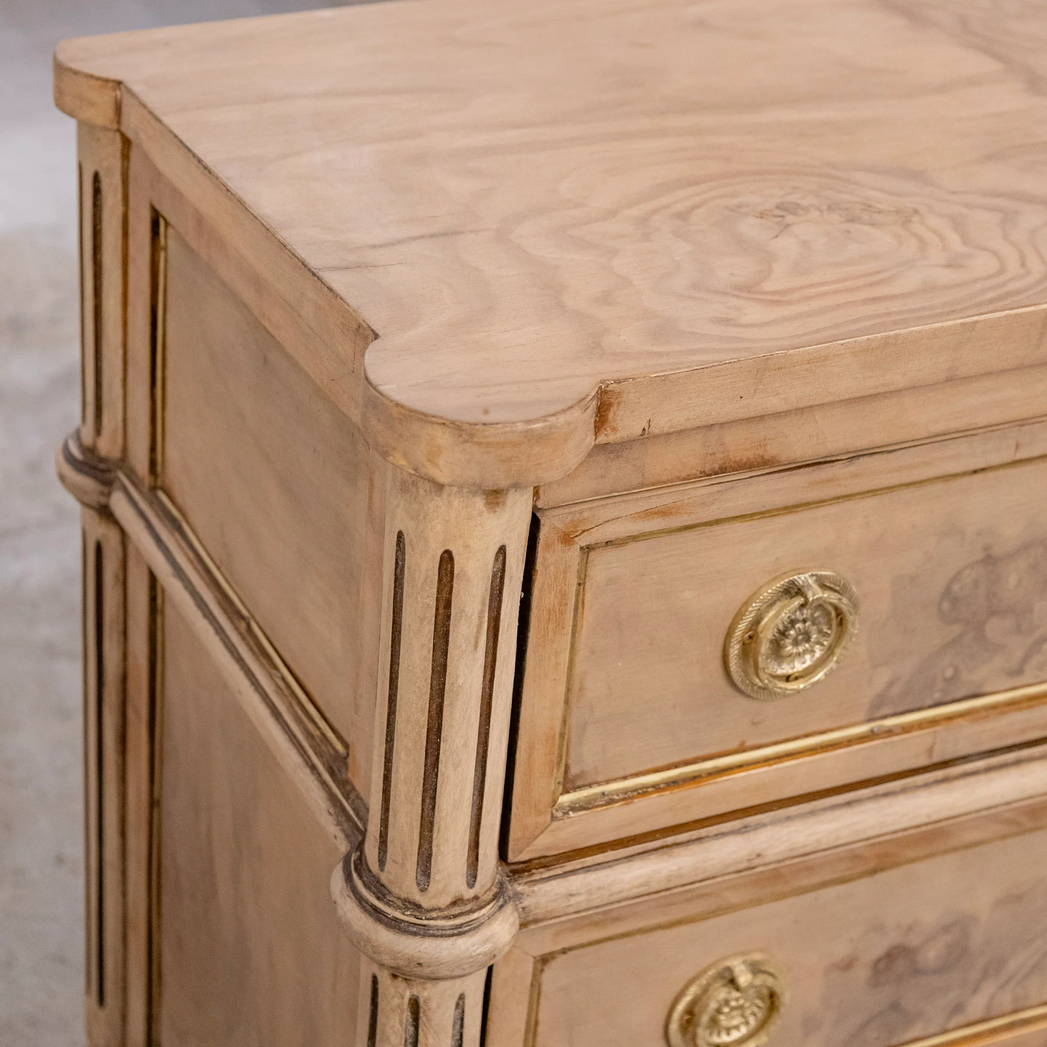 Louis XVI Stripped Burl Wood Nightstand - Gold Trim & Round Pulls - Image 6