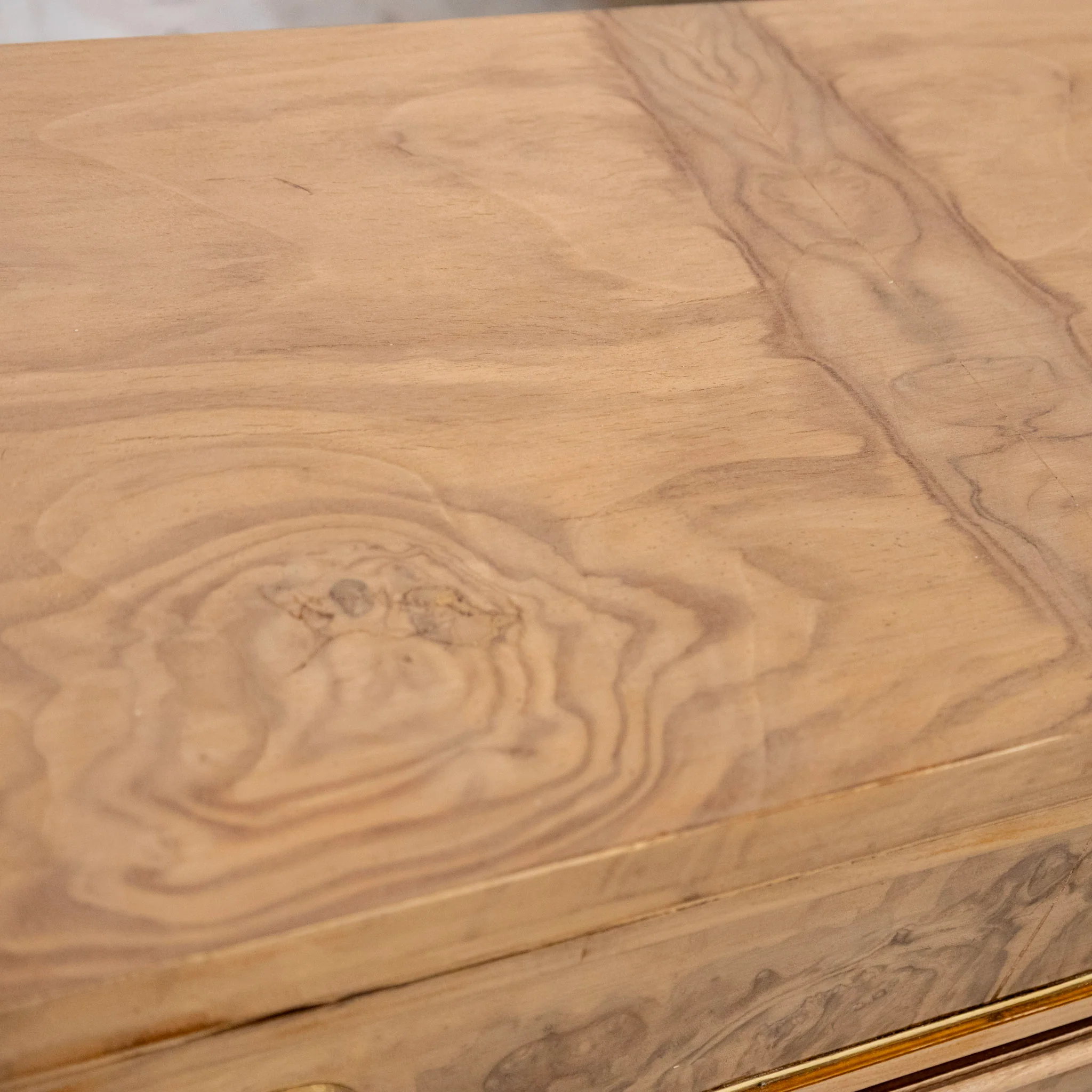 Louis XVI Stripped Burl Wood Nightstand - Gold Trim & Round Pulls - Image 7