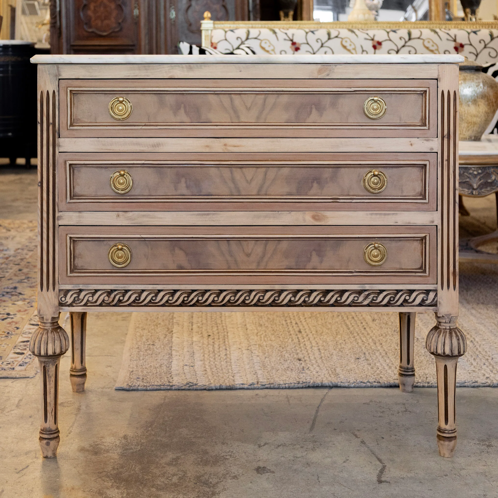 Louis XVI Stripped Burl Wood Nightstand – Rope Trim & White Marble Top