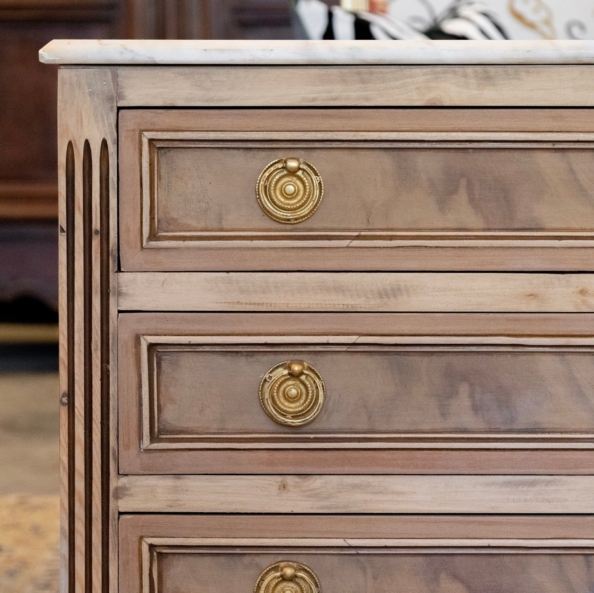 Louis XVI Stripped Burl Wood Nightstand – Rope Trim & White Marble Top - Image 2