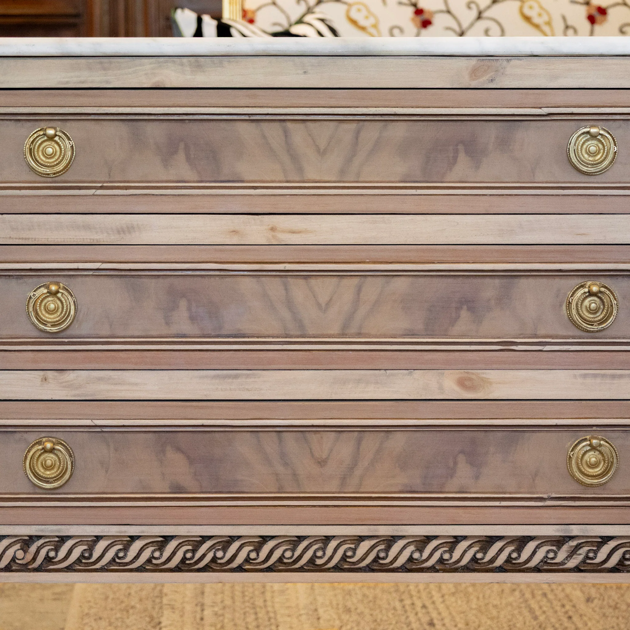 Louis XVI Stripped Burl Wood Nightstand – Rope Trim & White Marble Top - Image 3