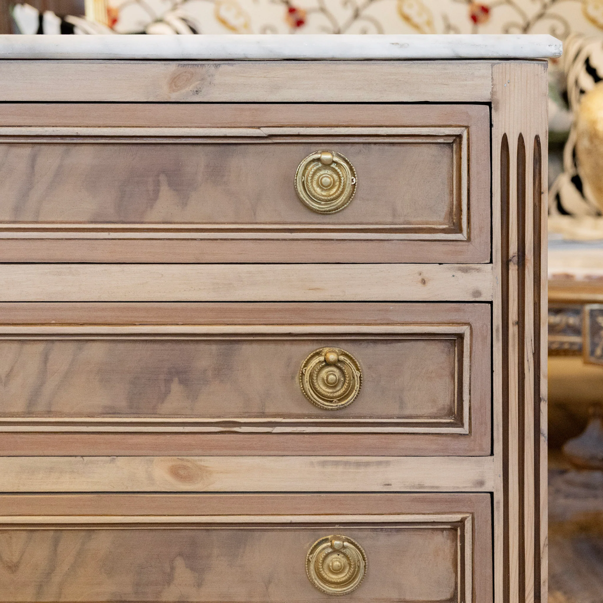 Louis XVI Stripped Burl Wood Nightstand – Rope Trim & White Marble Top - Image 4
