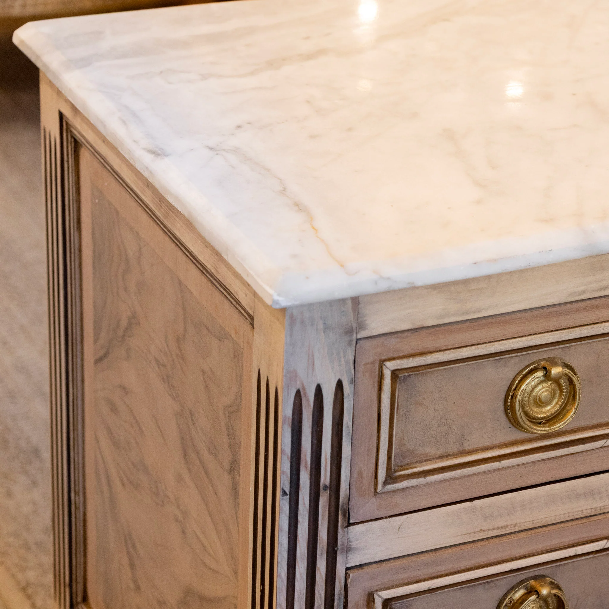 Louis XVI Stripped Burl Wood Nightstand – Rope Trim & White Marble Top - Image 5