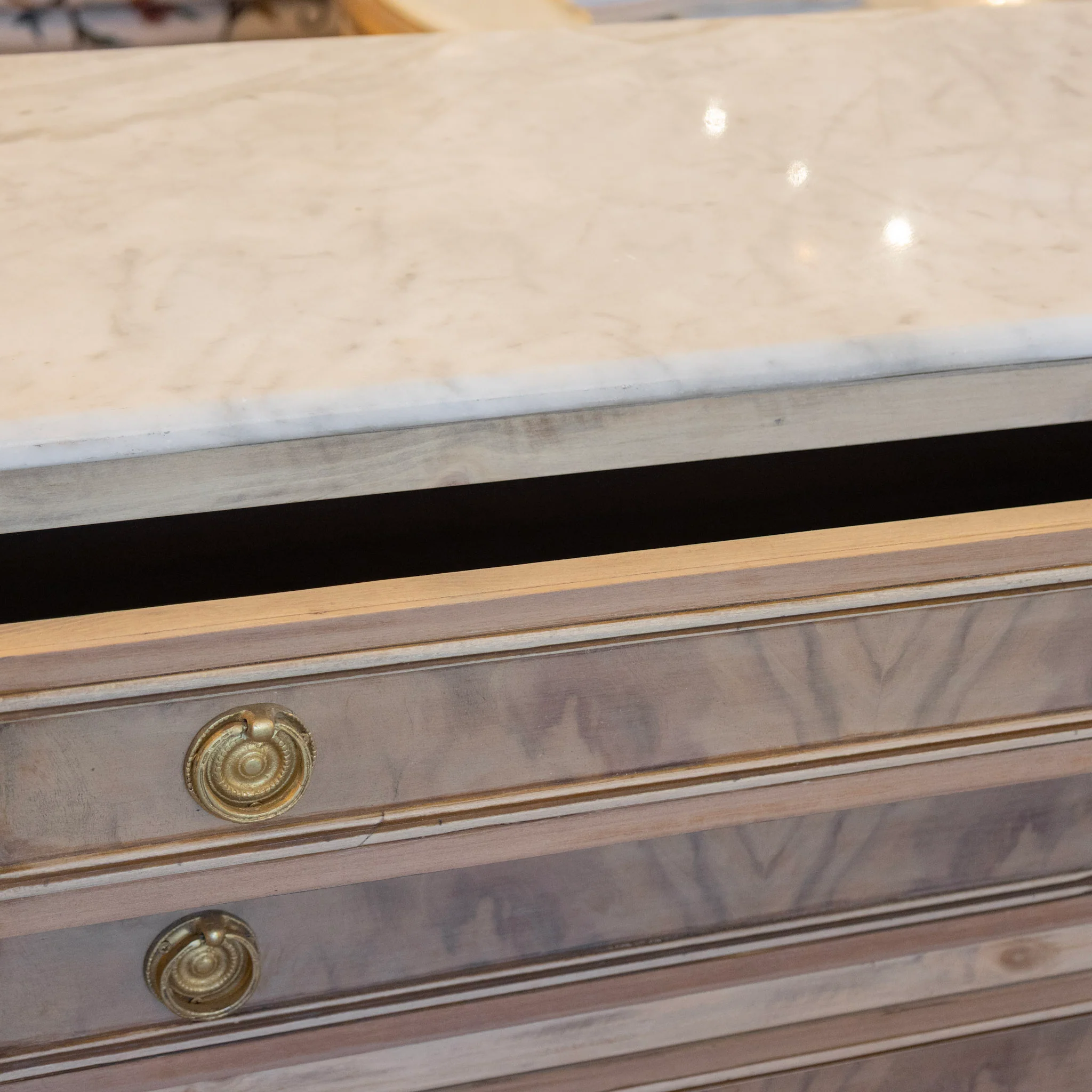 Louis XVI Stripped Burl Wood Nightstand – Rope Trim & White Marble Top - Image 6