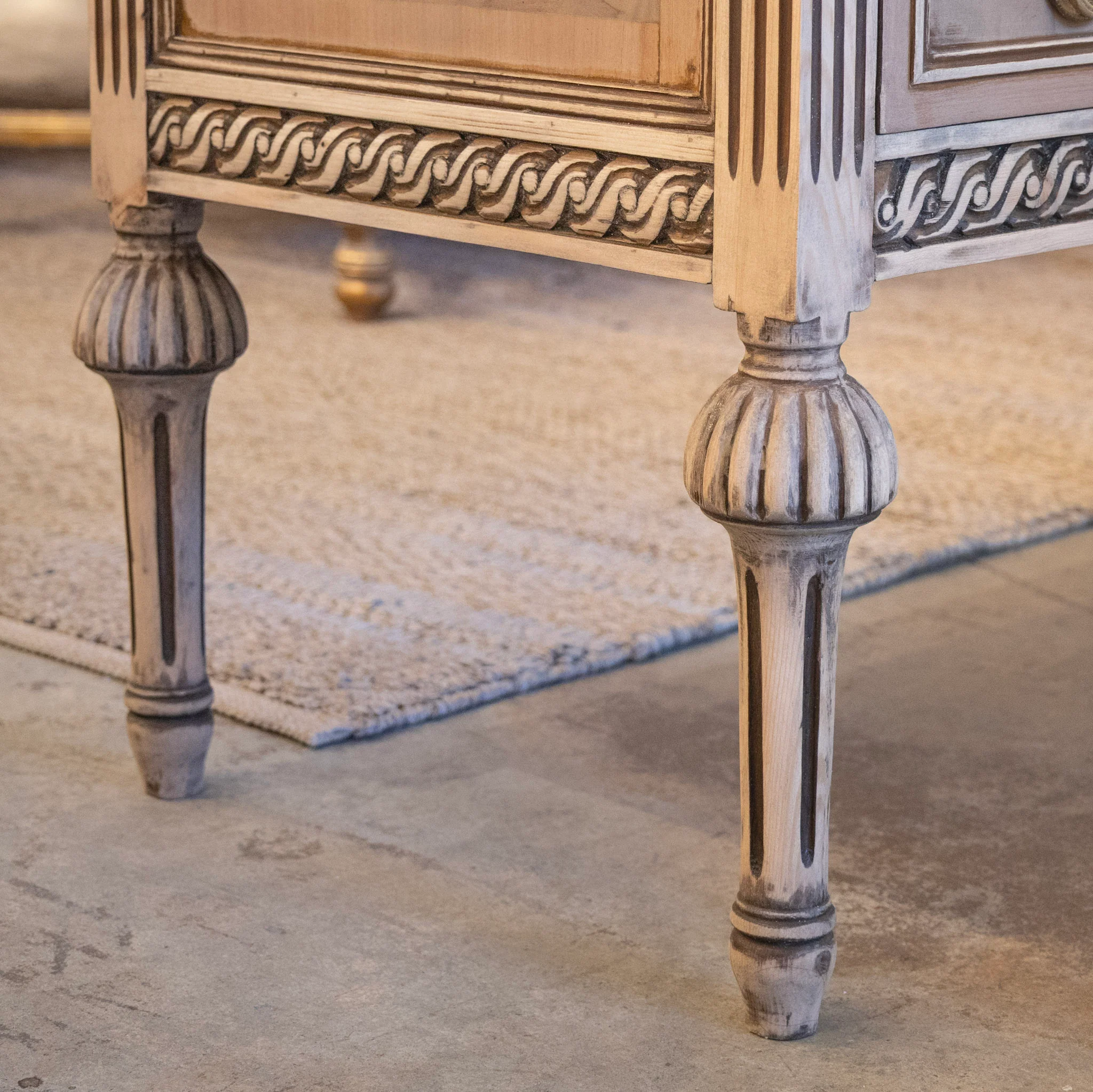 Louis XVI Stripped Burl Wood Nightstand – Rope Trim & White Marble Top - Image 7