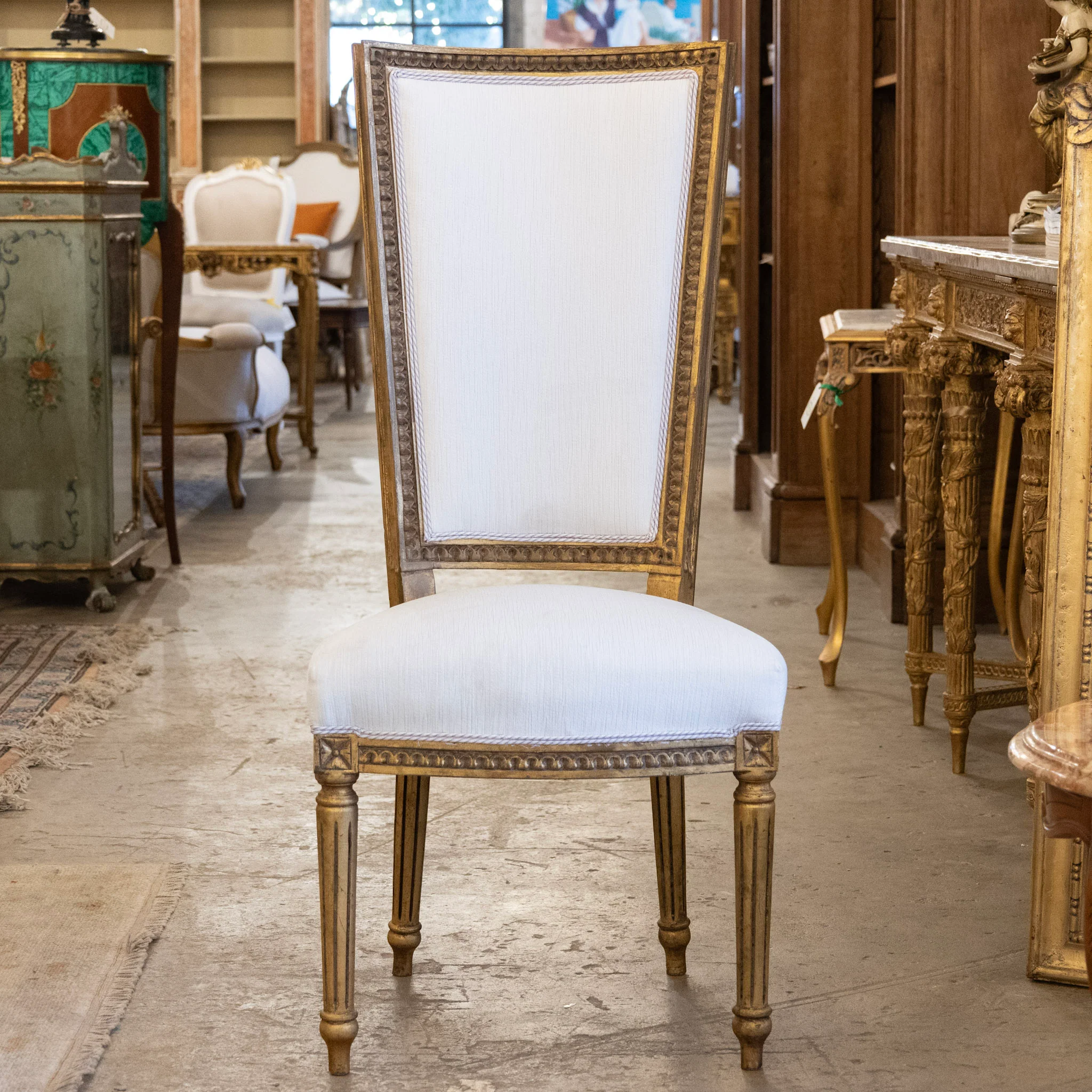 Louis XVI Tall Gilded Dining Chair – White Linen Upholstery