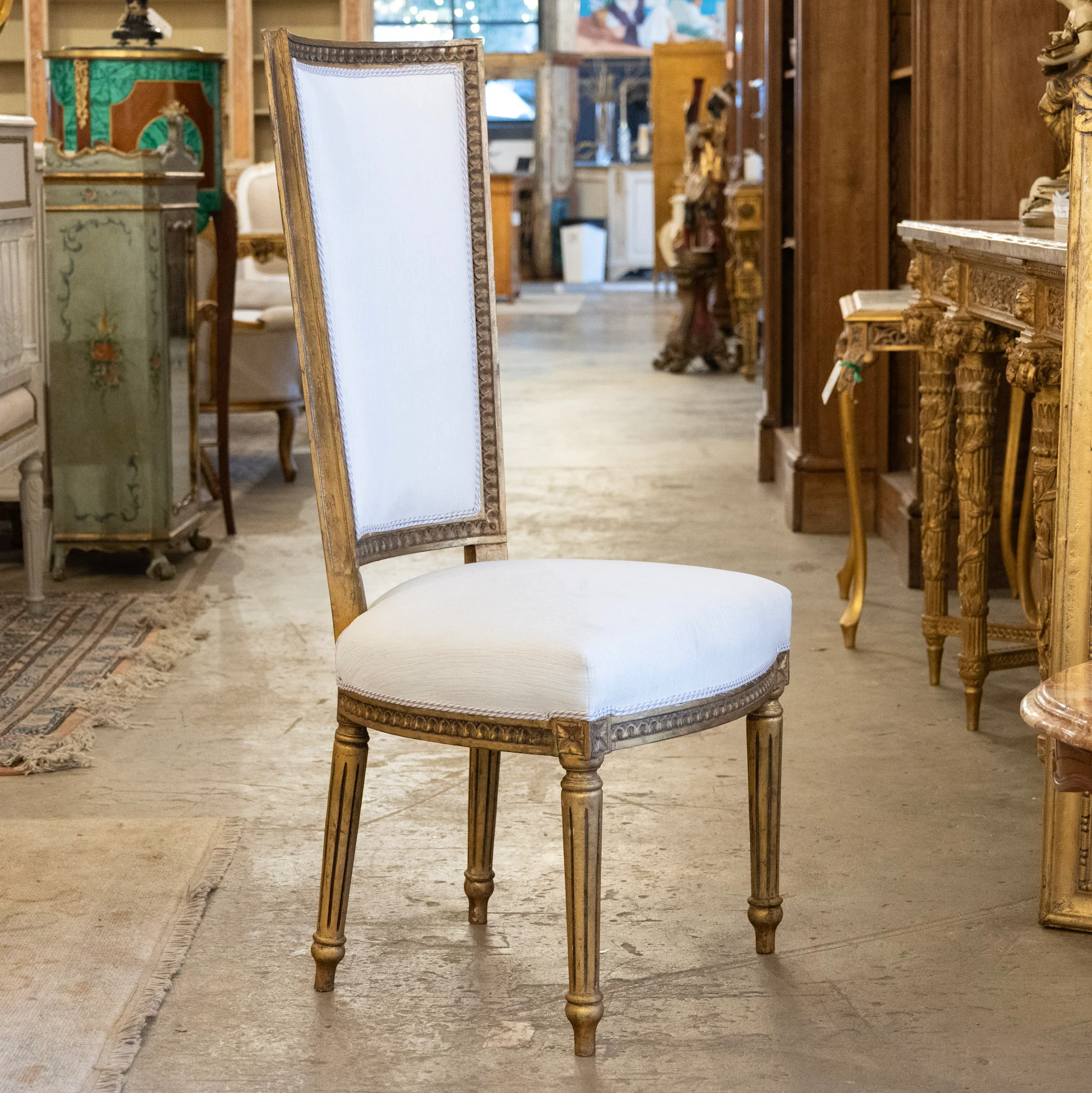 Louis XVI Tall Gilded Dining Chair – White Linen Upholstery - Image 2