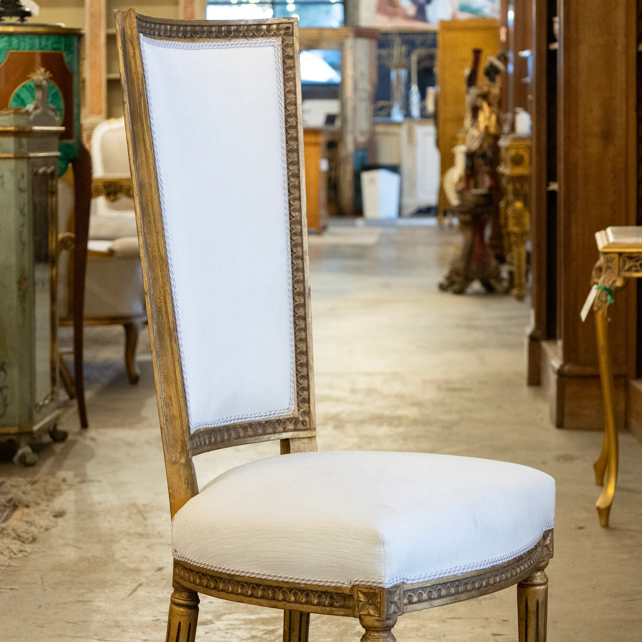 Louis XVI Tall Gilded Dining Chair – White Linen Upholstery - Image 3