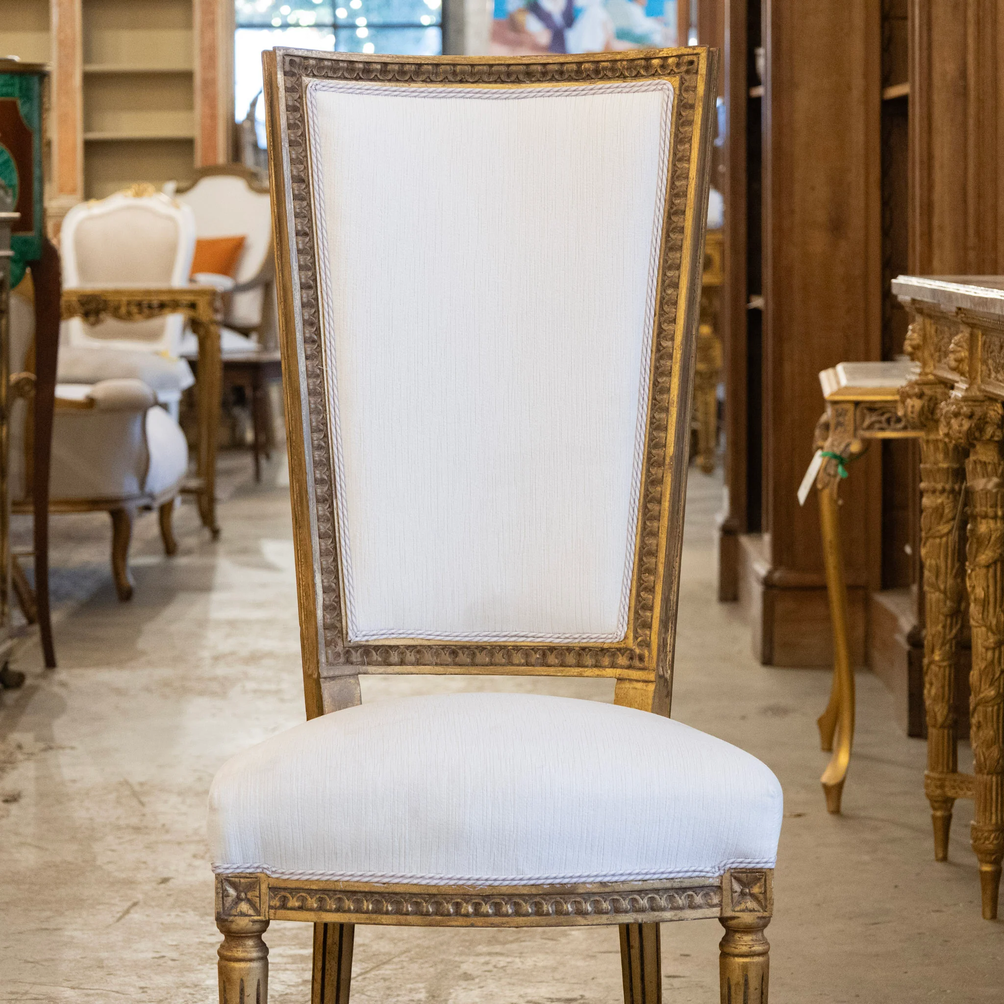 Louis XVI Tall Gilded Dining Chair – White Linen Upholstery - Image 4