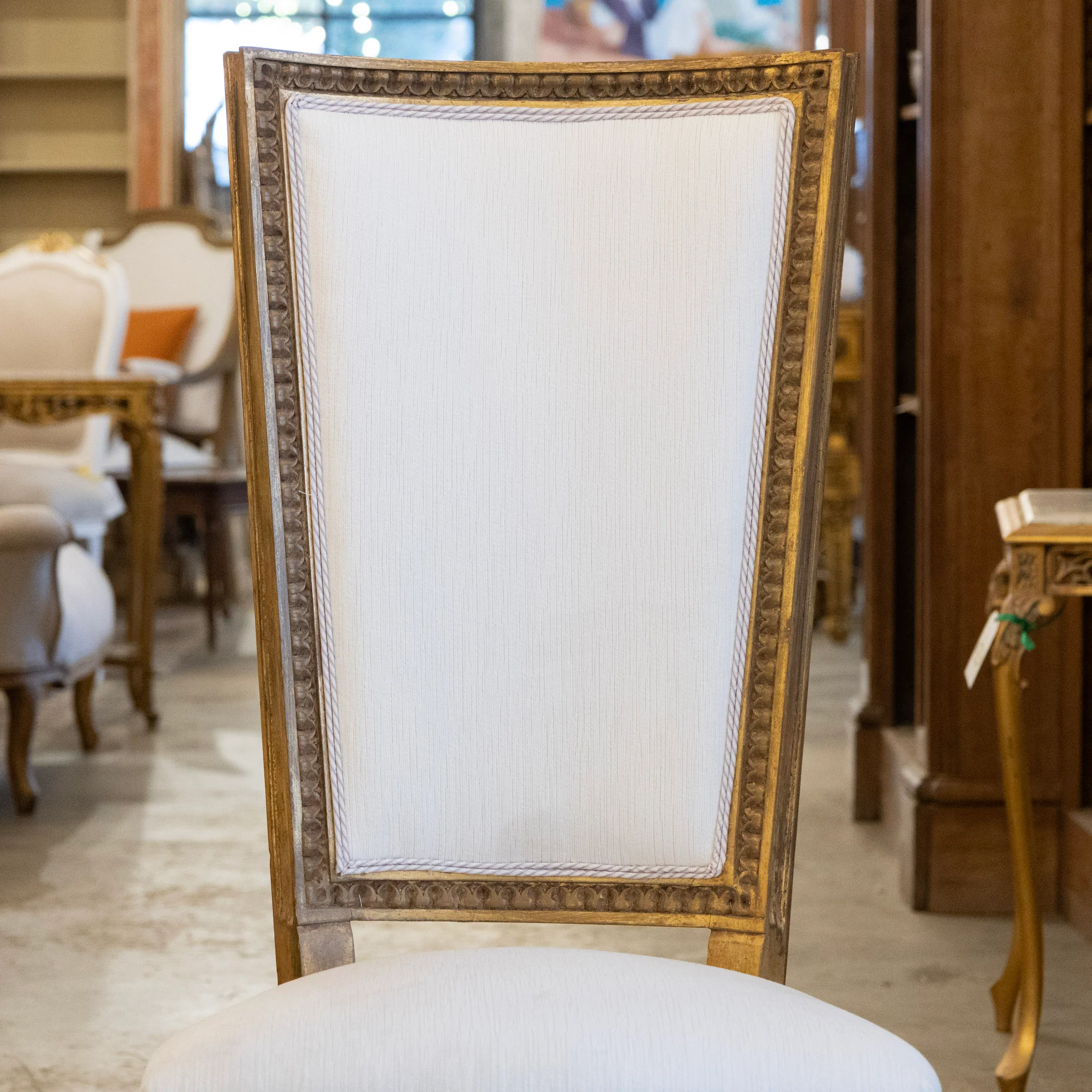 Louis XVI Tall Gilded Dining Chair – White Linen Upholstery - Image 5