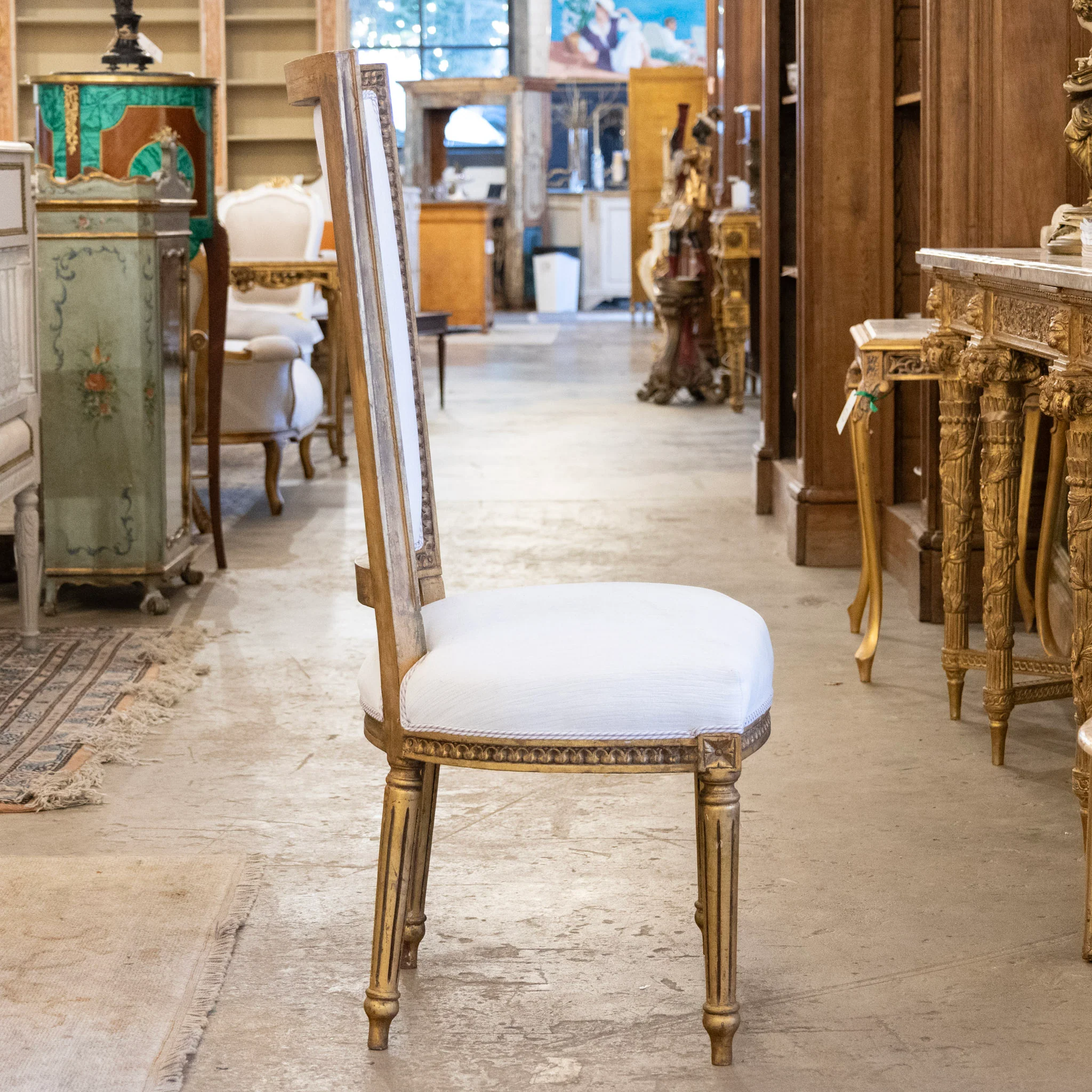 Louis XVI Tall Gilded Dining Chair – White Linen Upholstery - Image 7