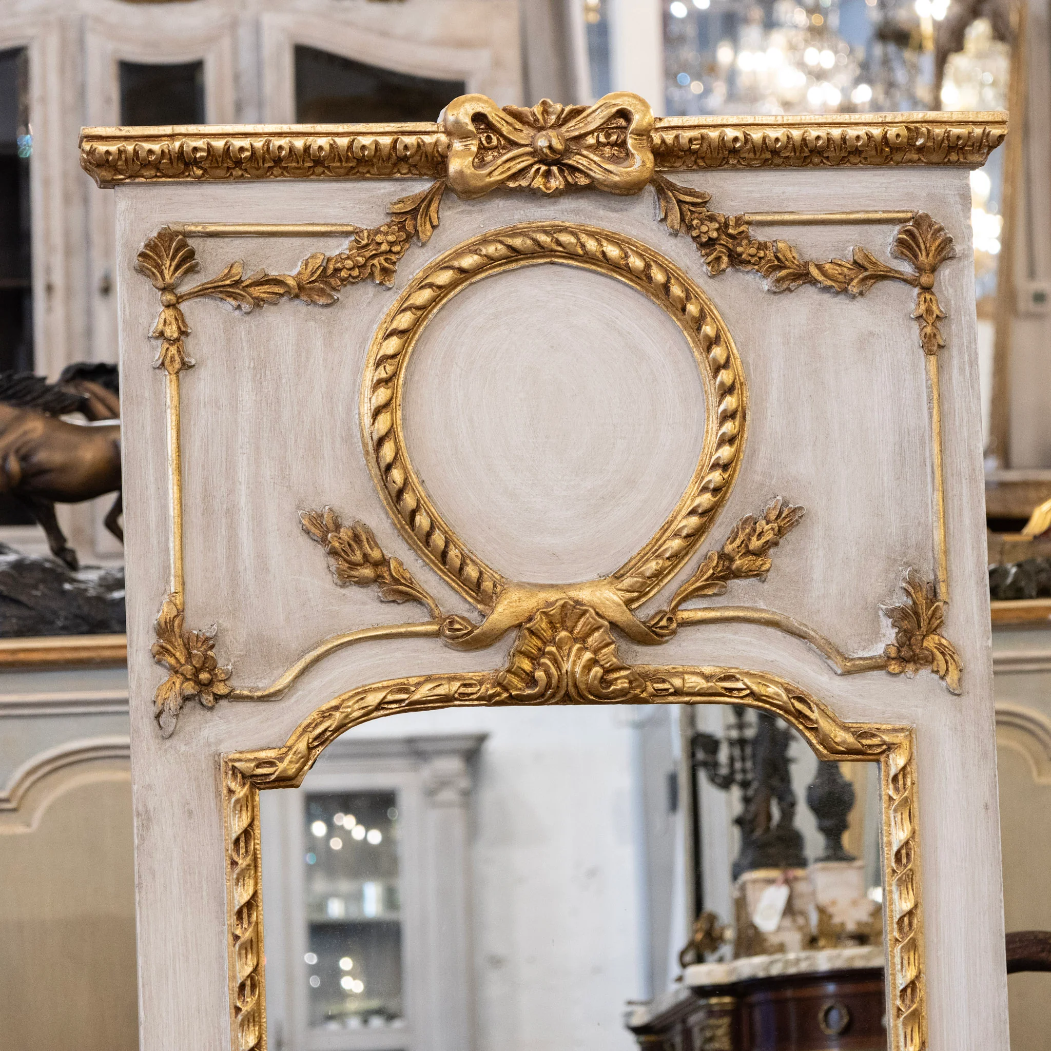 Louis XVI White Trumeau Mirror – Carved Laurel Wreath & Bow Crest - Image 2