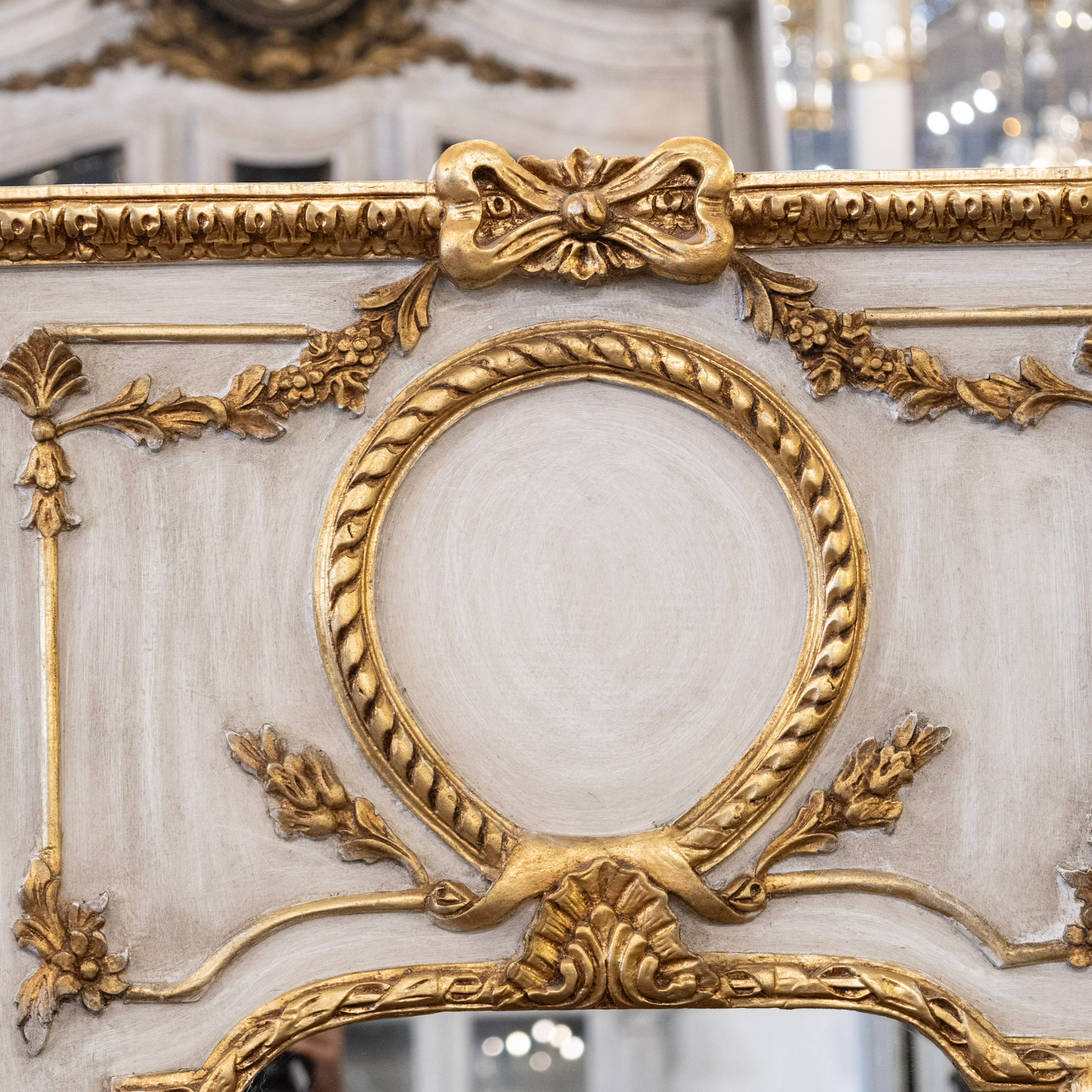 Louis XVI White Trumeau Mirror – Carved Laurel Wreath & Bow Crest - Image 4