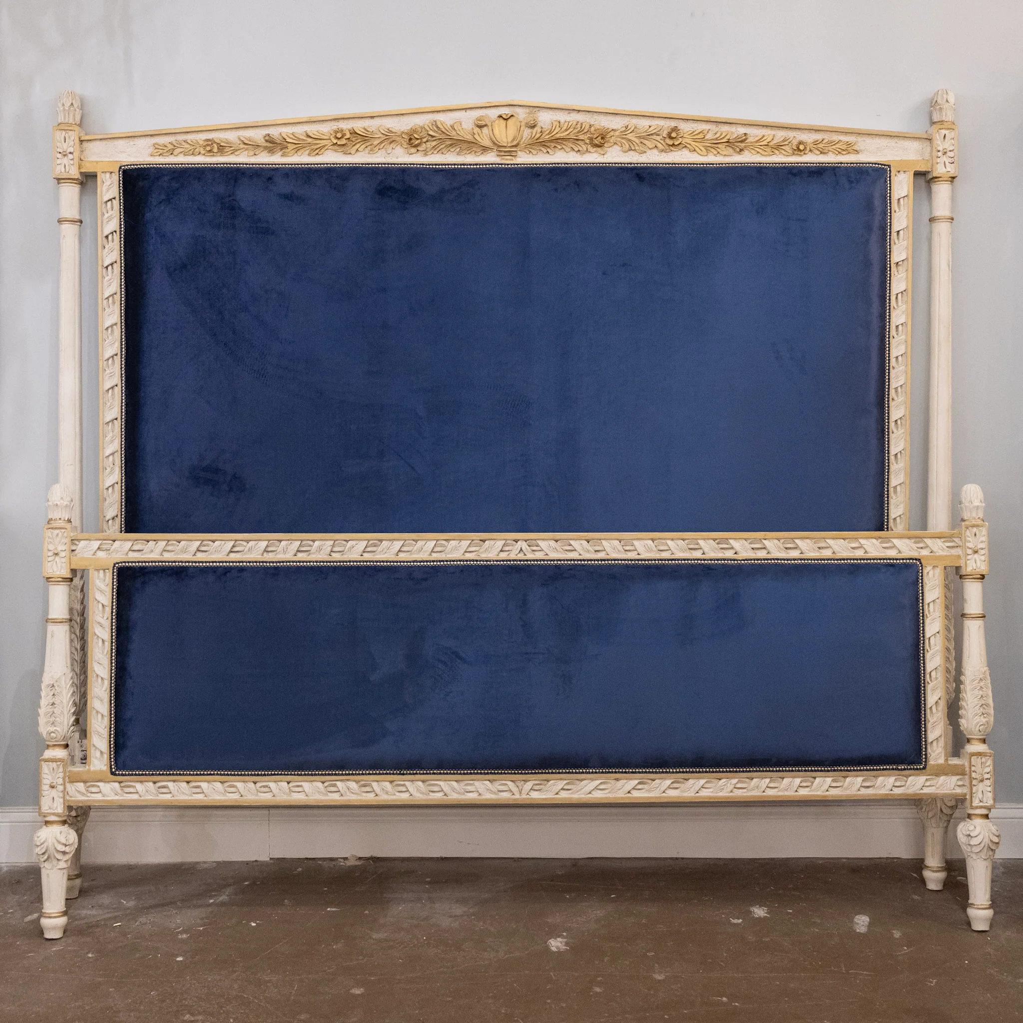 Louis XVI White King Bed Set with Gold Carved Trim – Navy Blue Velvet Upholstery