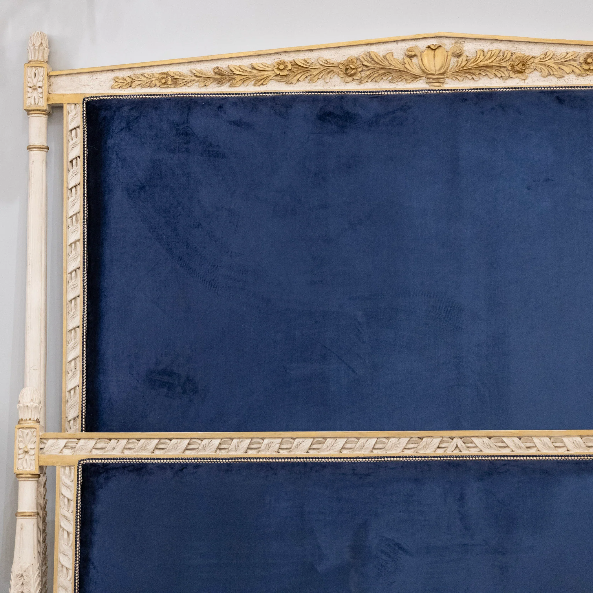 Louis XVI White King Bed Set with Gold Carved Trim – Navy Blue Velvet Upholstery - Image 2