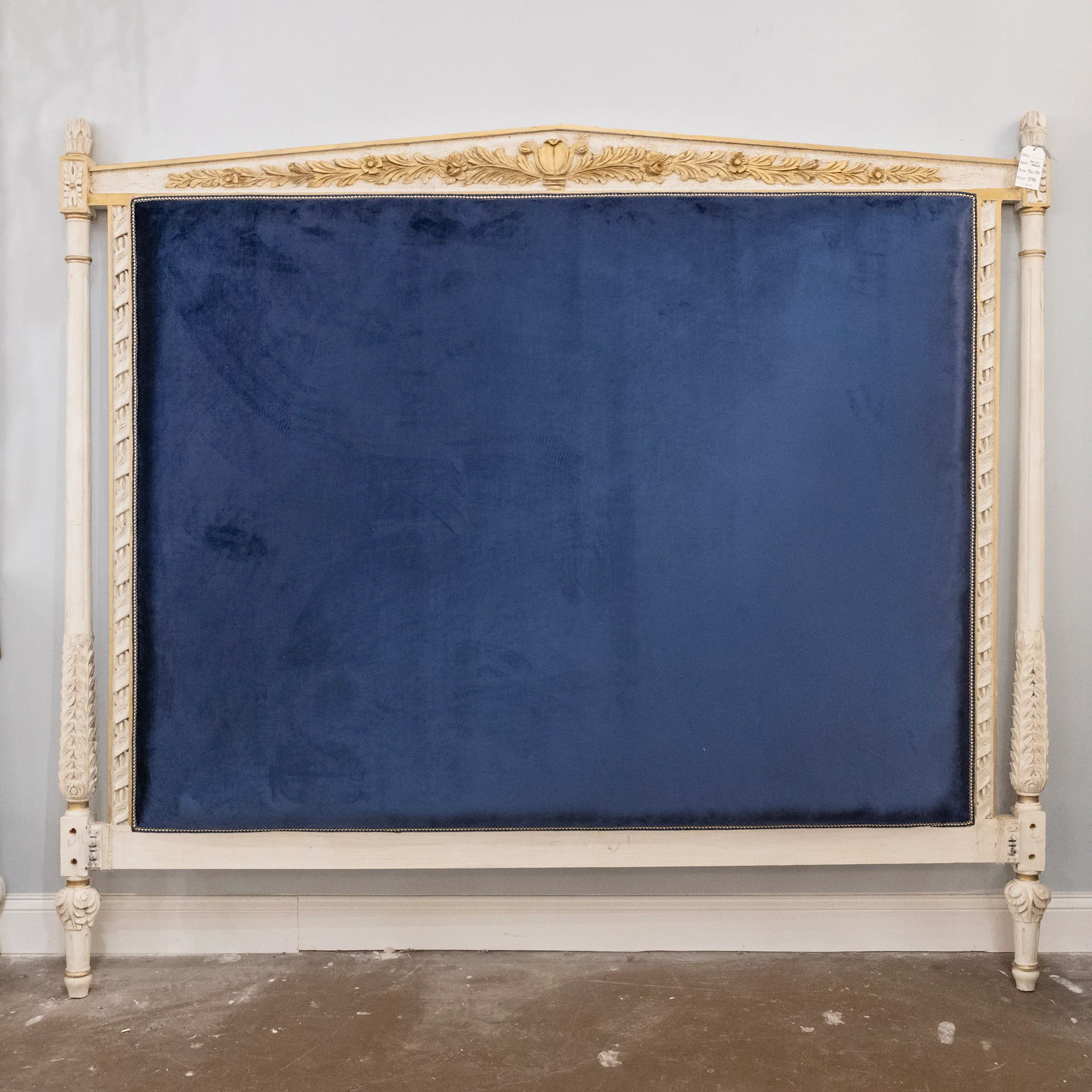 Louis XVI White King Bed Set with Gold Carved Trim – Navy Blue Velvet Upholstery - Image 3