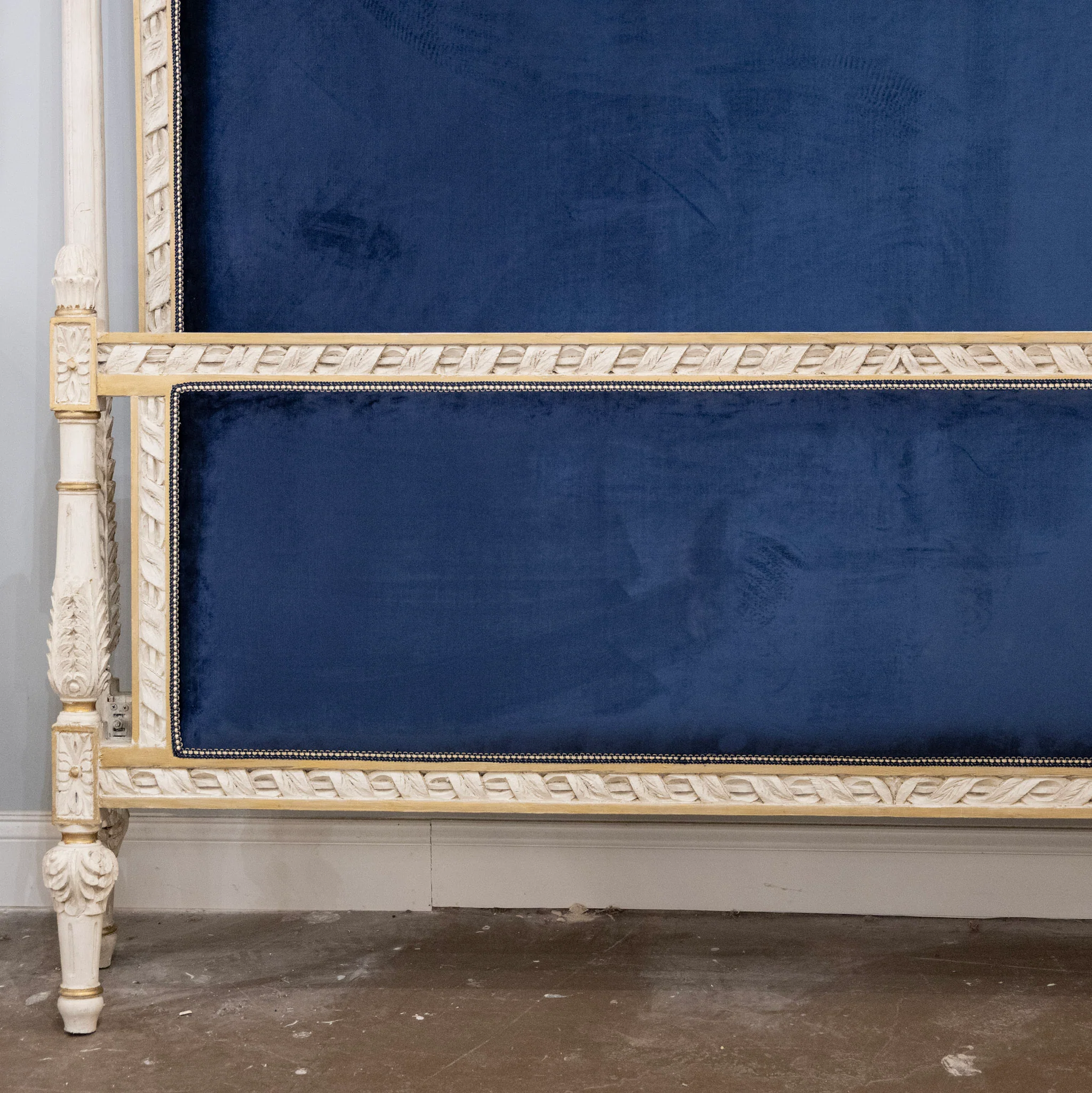 Louis XVI White King Bed Set with Gold Carved Trim – Navy Blue Velvet Upholstery - Image 4