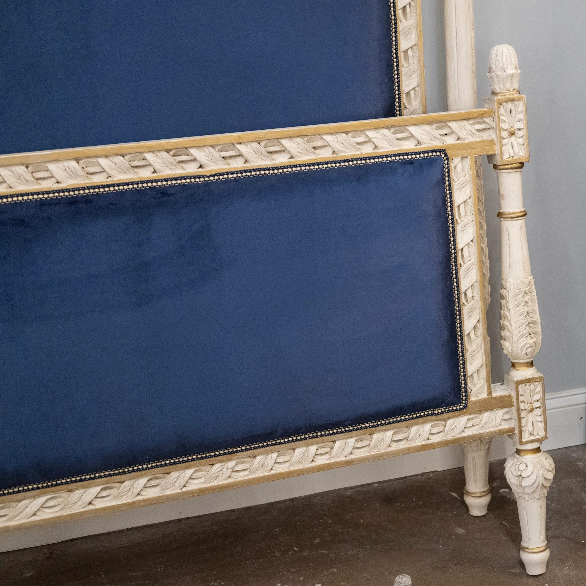 Louis XVI White King Bed Set with Gold Carved Trim – Navy Blue Velvet Upholstery - Image 6