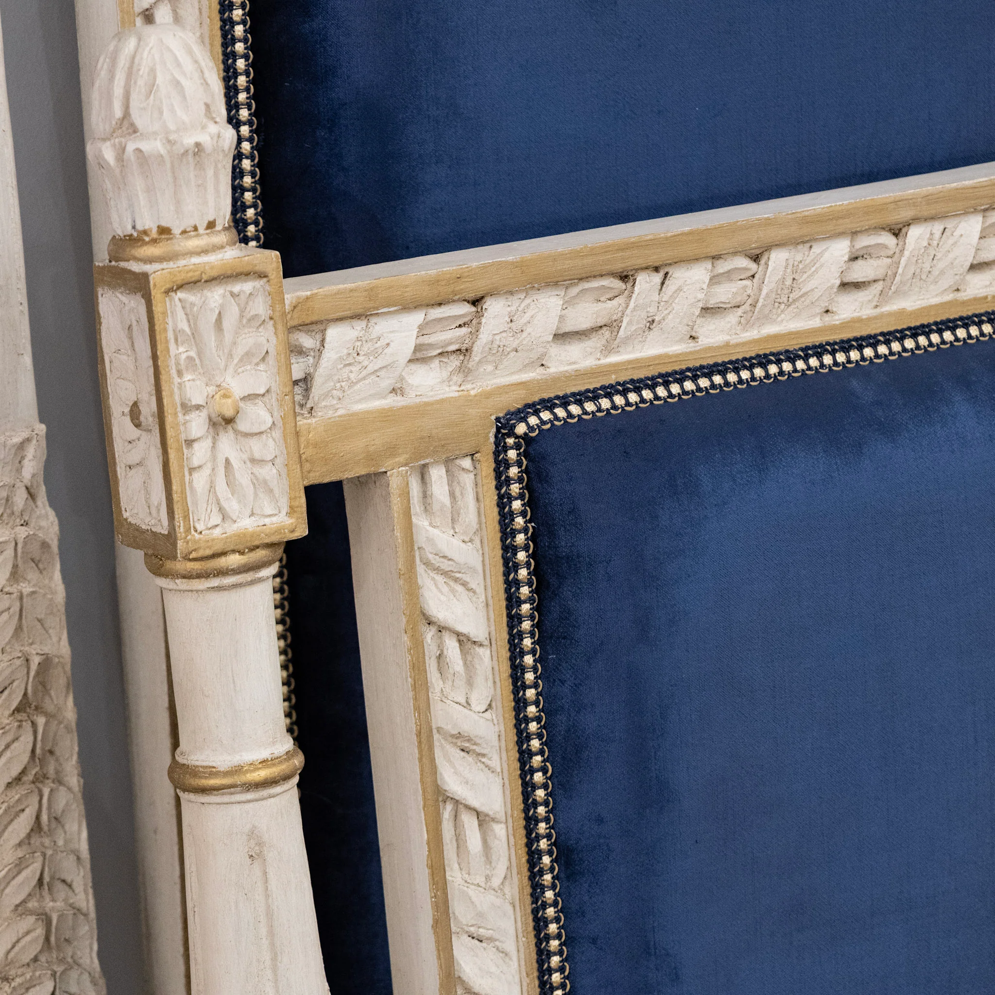 Louis XVI White King Bed Set with Gold Carved Trim – Navy Blue Velvet Upholstery - Image 7