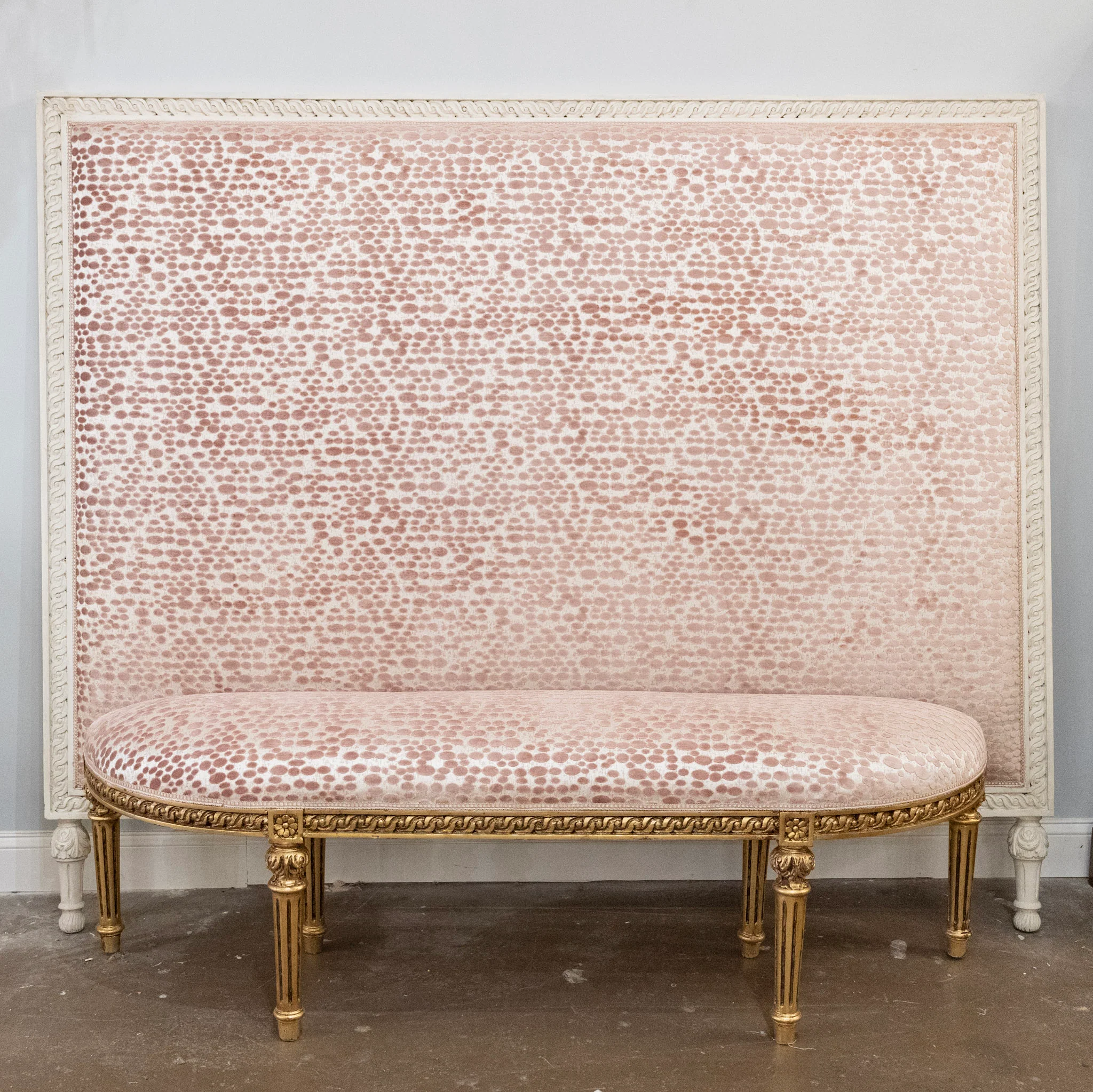 Louis XVI White King Size Headboard – Pink Polka Dot Silk-Weave Upholstery