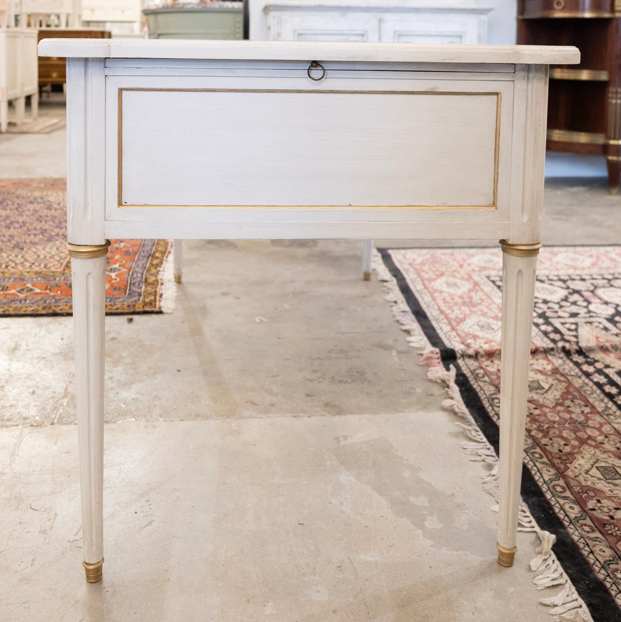 Louis XVI White Painted Desk with Gold Trim – Brown Leather Top & Slide-Out Panels - Image 13