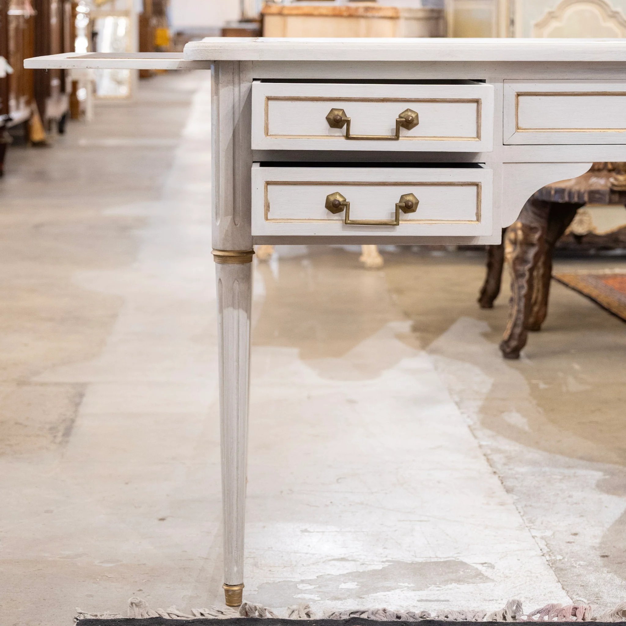 Louis XVI White Painted Desk with Gold Trim – Brown Leather Top & Slide-Out Panels - Image 7