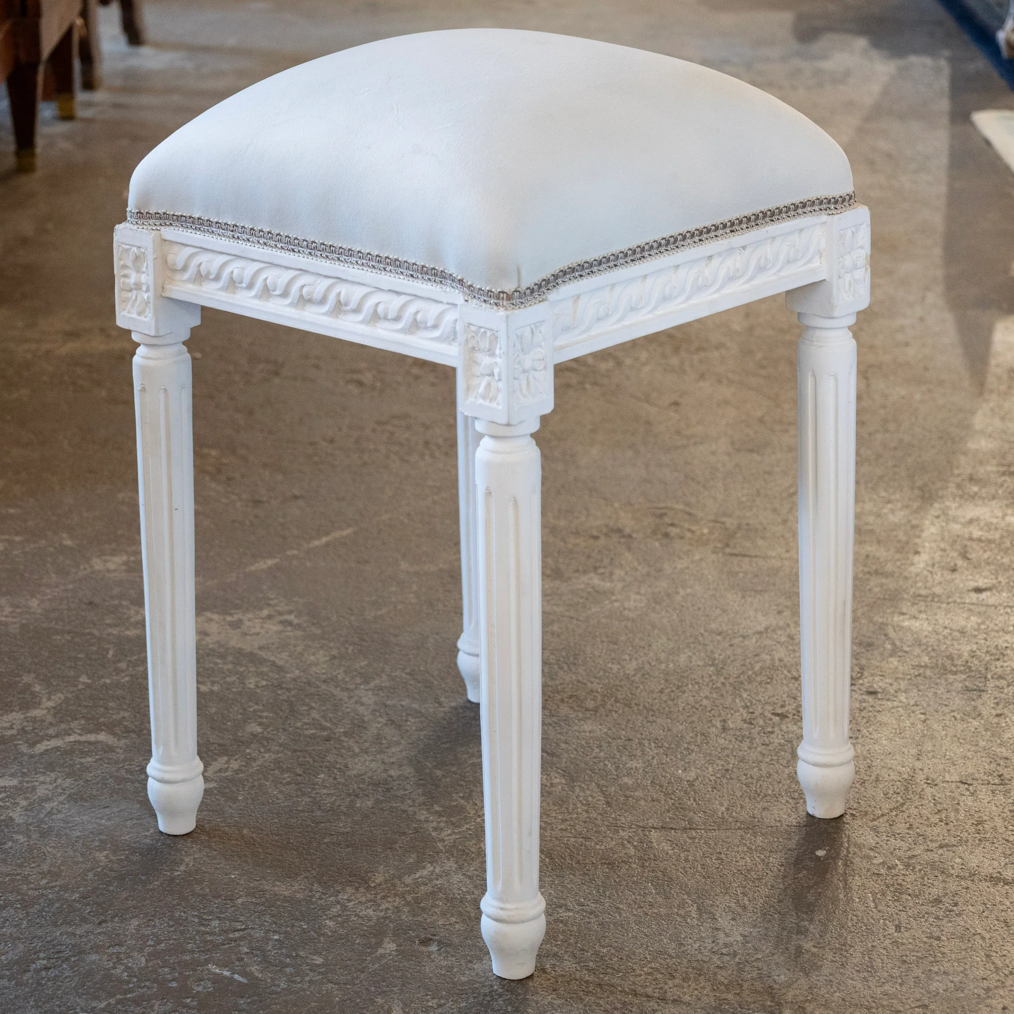 Louis XVI White Painted Stool – White Velvet Upholstery - Image 2