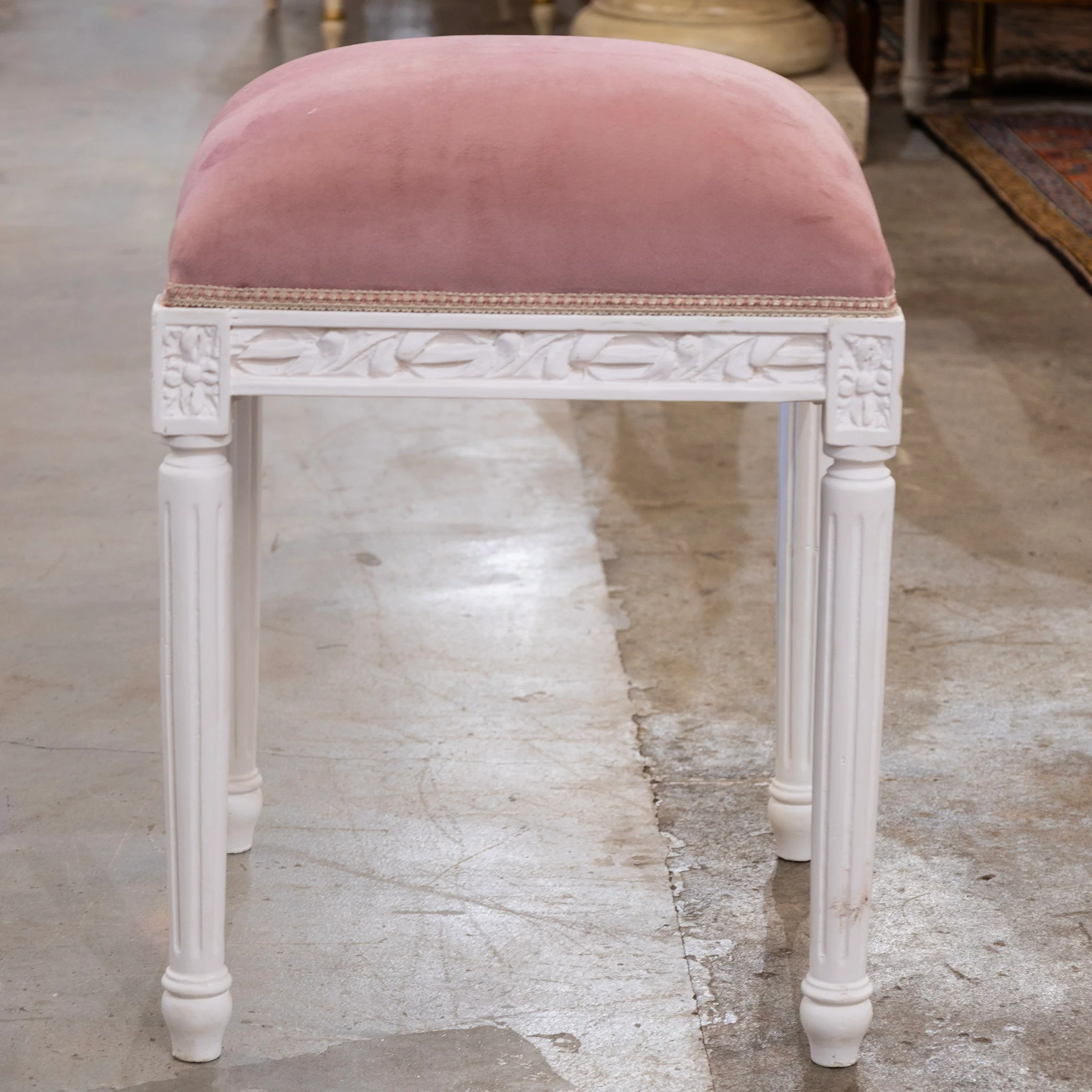 Louis XVI White Stool – Pink Velvet Upholstery - Image 2